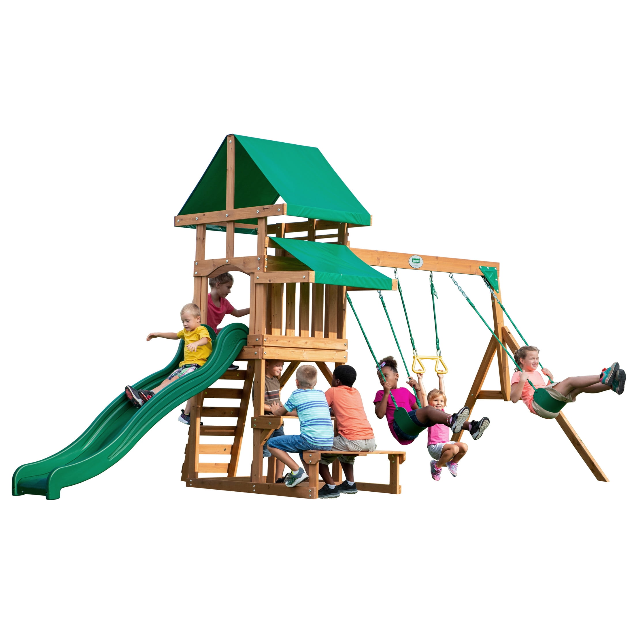 Backyard Discovery Belmont Cedar Wood Swing Set with Slide, Play Deck, and Rock Wall Ladder (White Canopy, 1 Unit) dtlr1