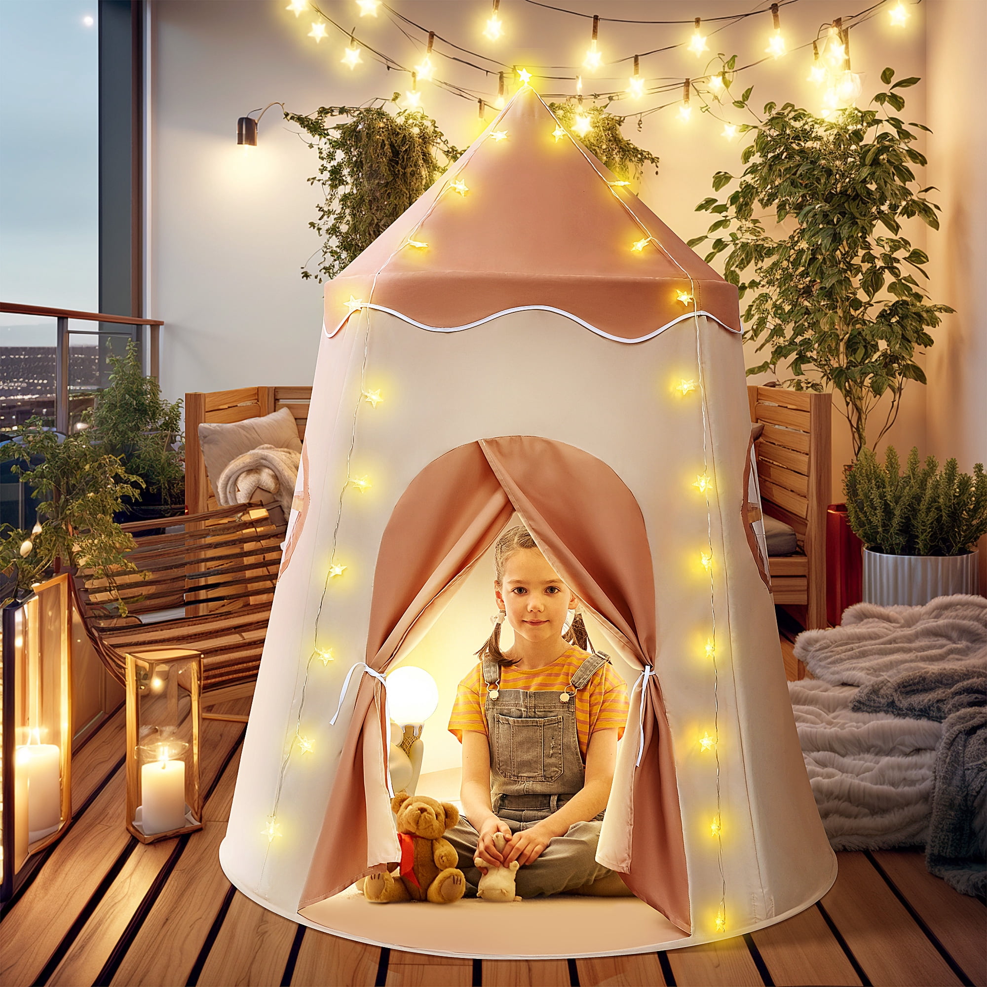 TOPFOX Pop Up Kids Play Tent Indoor Outdoor Playhouse with LED Lights (Yellow, 48 in x 48 in x 40 in) f0ysh