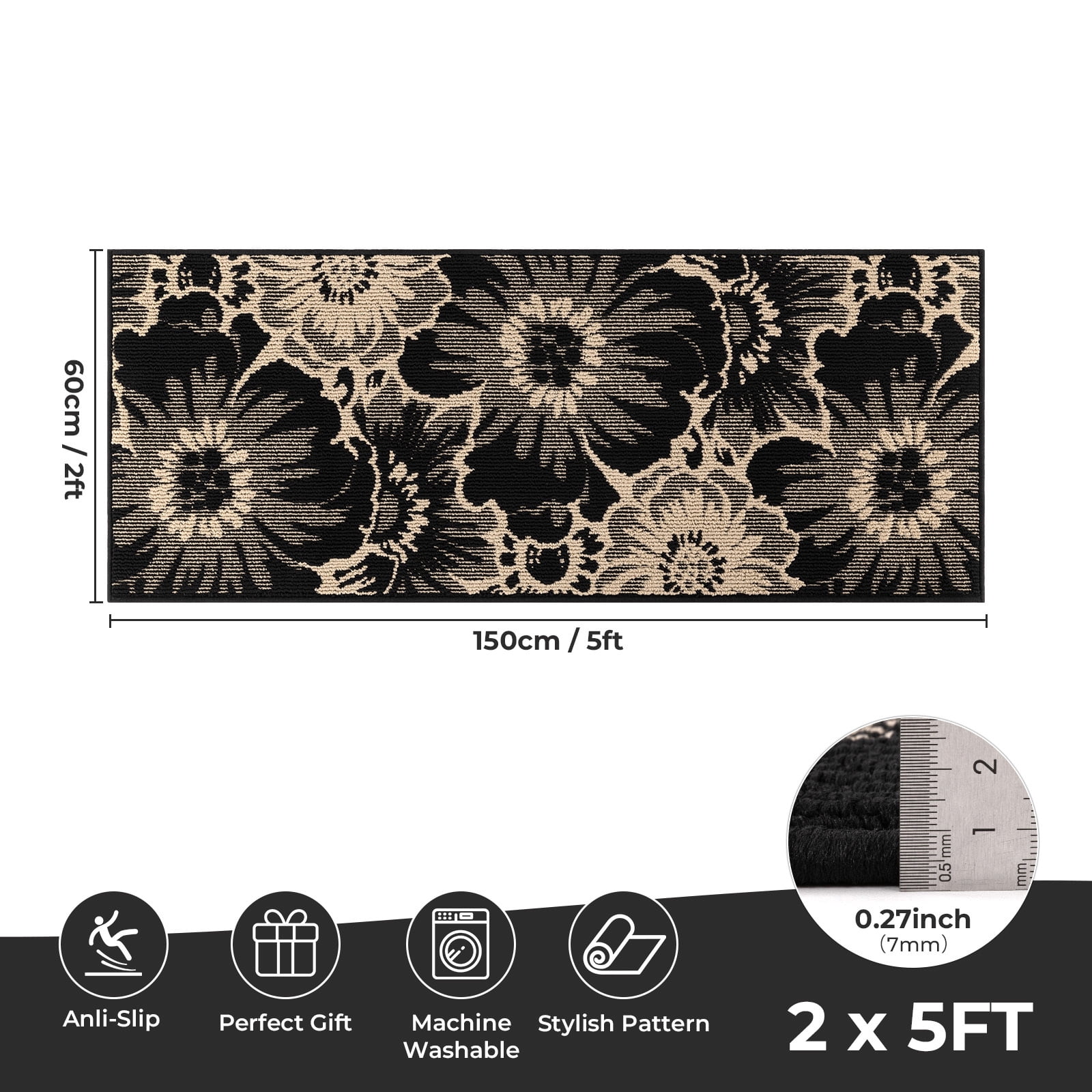 Findosom Non-slip Runner Rug for Hallway, Machine Washable Low Pile Floor Mat with Rubber Backing (Black, 24 in x 60 in) de0b1