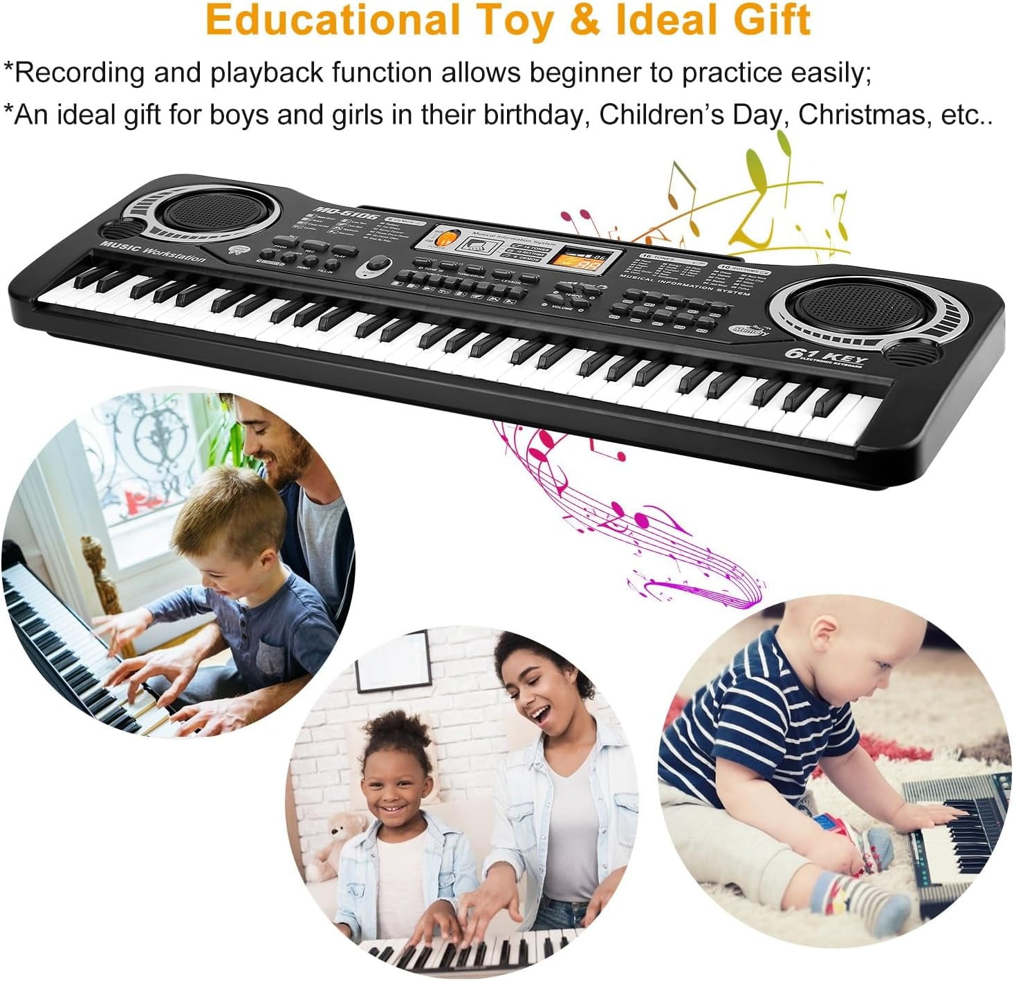 Anself 61-Key Electronic Keyboard Piano with Microphone for Kids (Black, 21.2 in x 6.7 in x 2.16 in) n5zvj