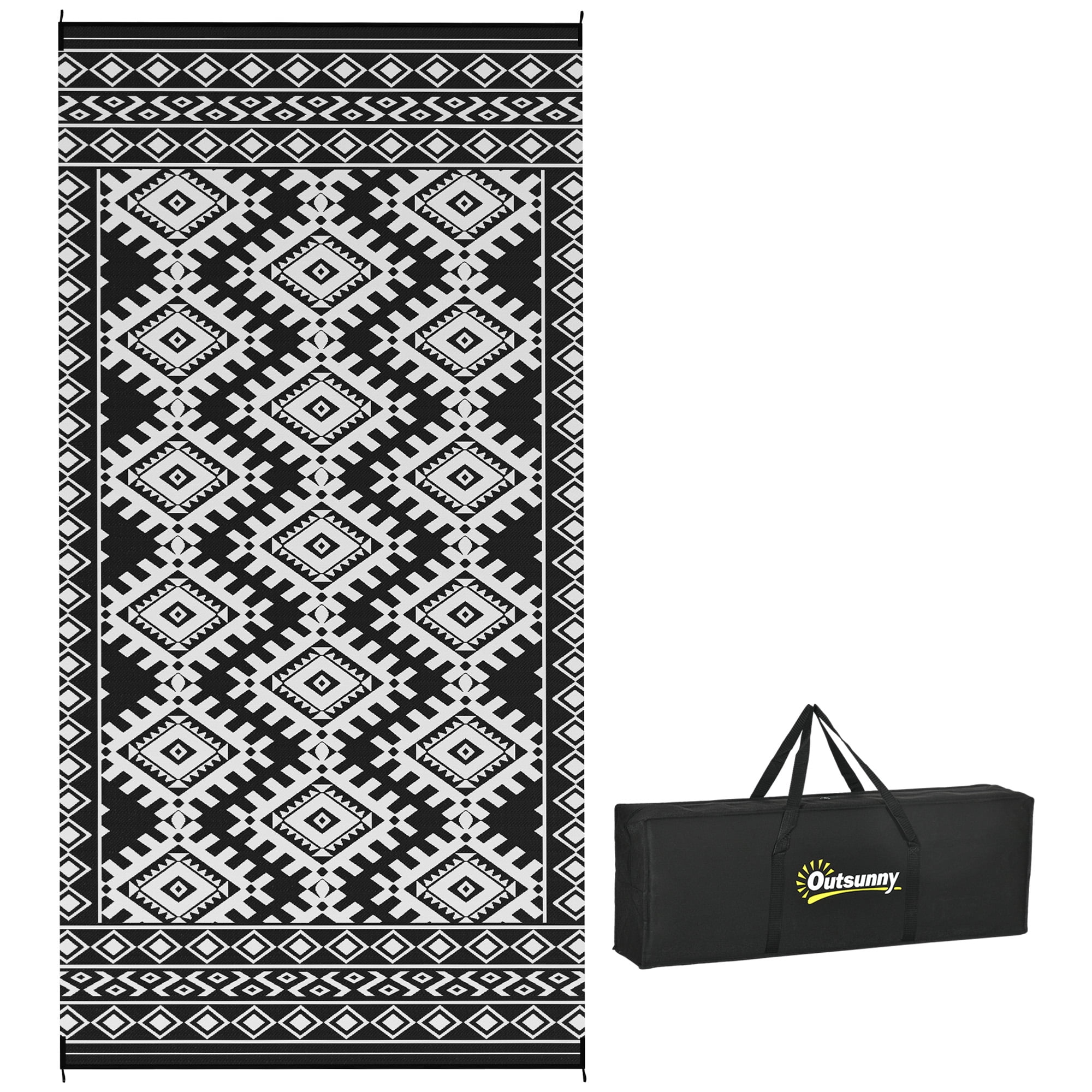 Outsunny Outdoor Patio Rug, Reversible Waterproof Camping Carpet for RV and Garden (Black & White, 9 ft x 18 ft) hr99e
