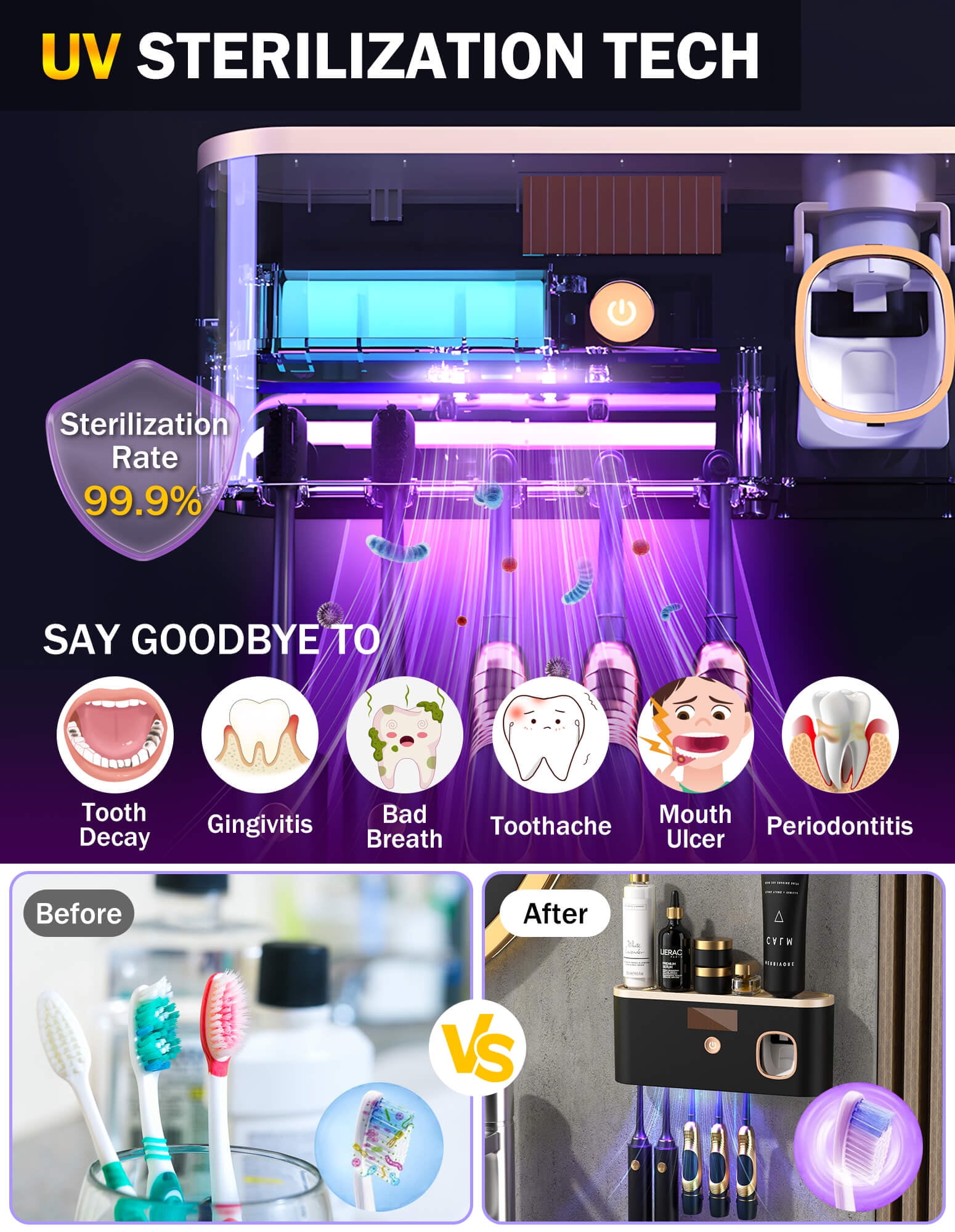 Sentryse UV Toothbrush Sanitizer Wall Mounted Holder with Automatic Toothpaste Dispenser (Black, 8.66 x 2.32 x 3.62 in) 7vnzl