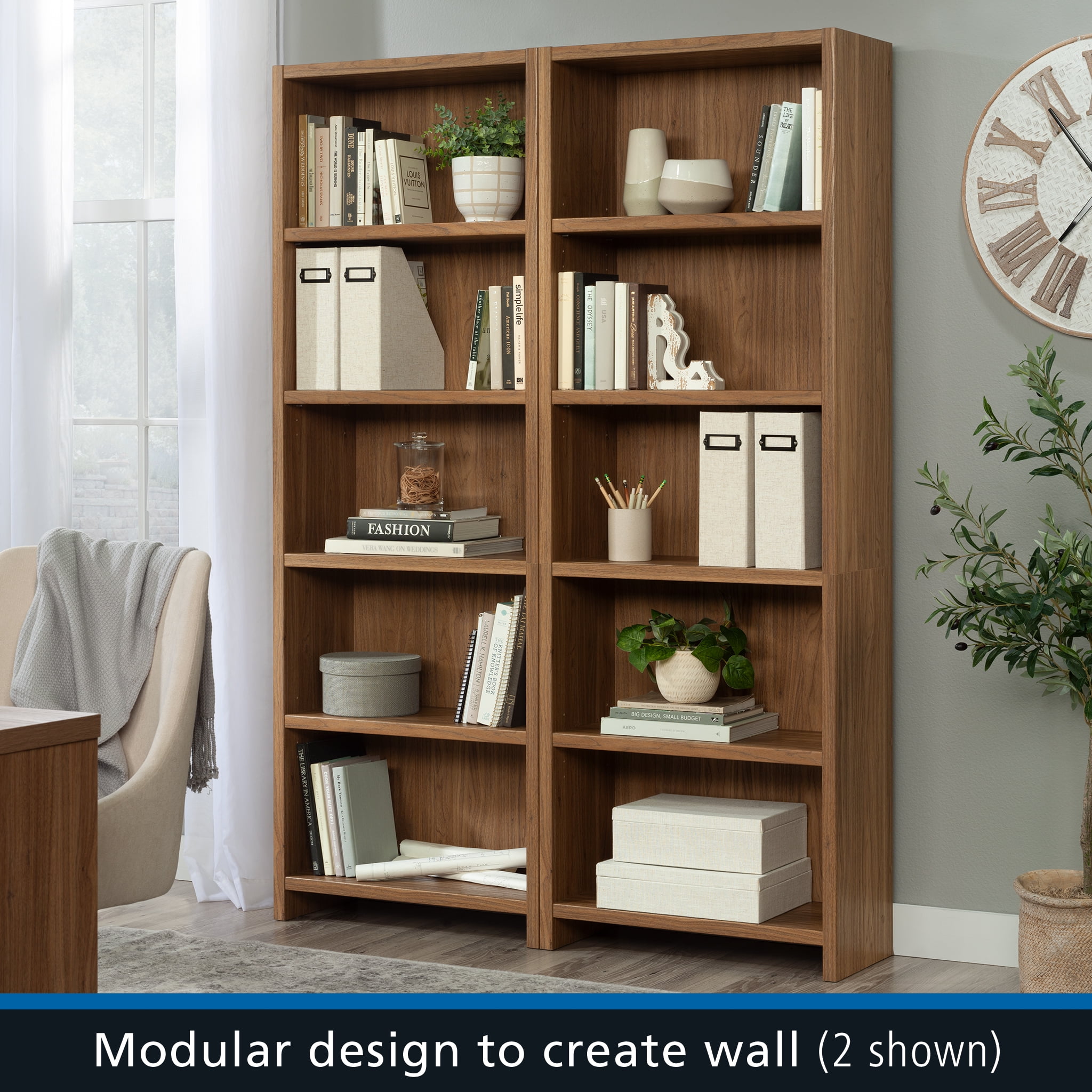 Mainstays Westley 5-Shelf Bookcase, Durable Storage Organizer (Walnut, 72.68 in H x 25.83 in W x 11.58 in D) 4uru3