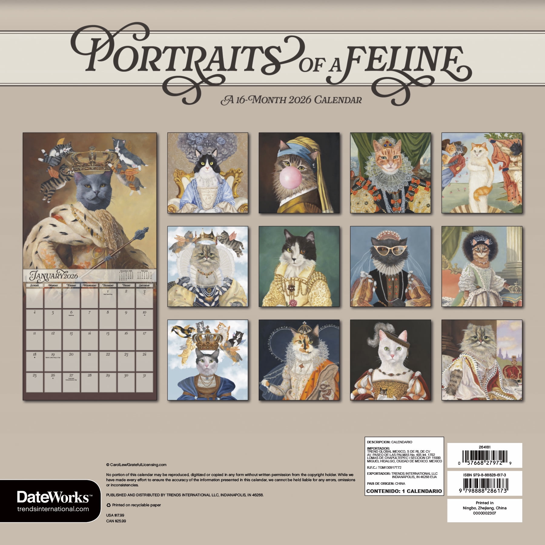 Trends International 2026 Portraits of a Feline Carol Lew Wall Calendar (12 in x 12 in) 247si