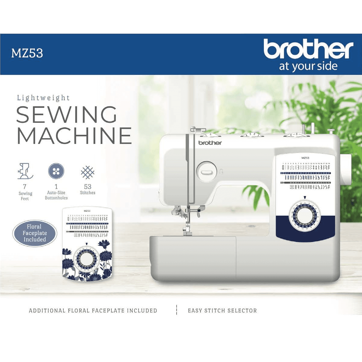 Brother MZ53 Mechanical Sewing Machine with 53 Built-In Stitches and Free Arm (12.32 lb) 3xth7