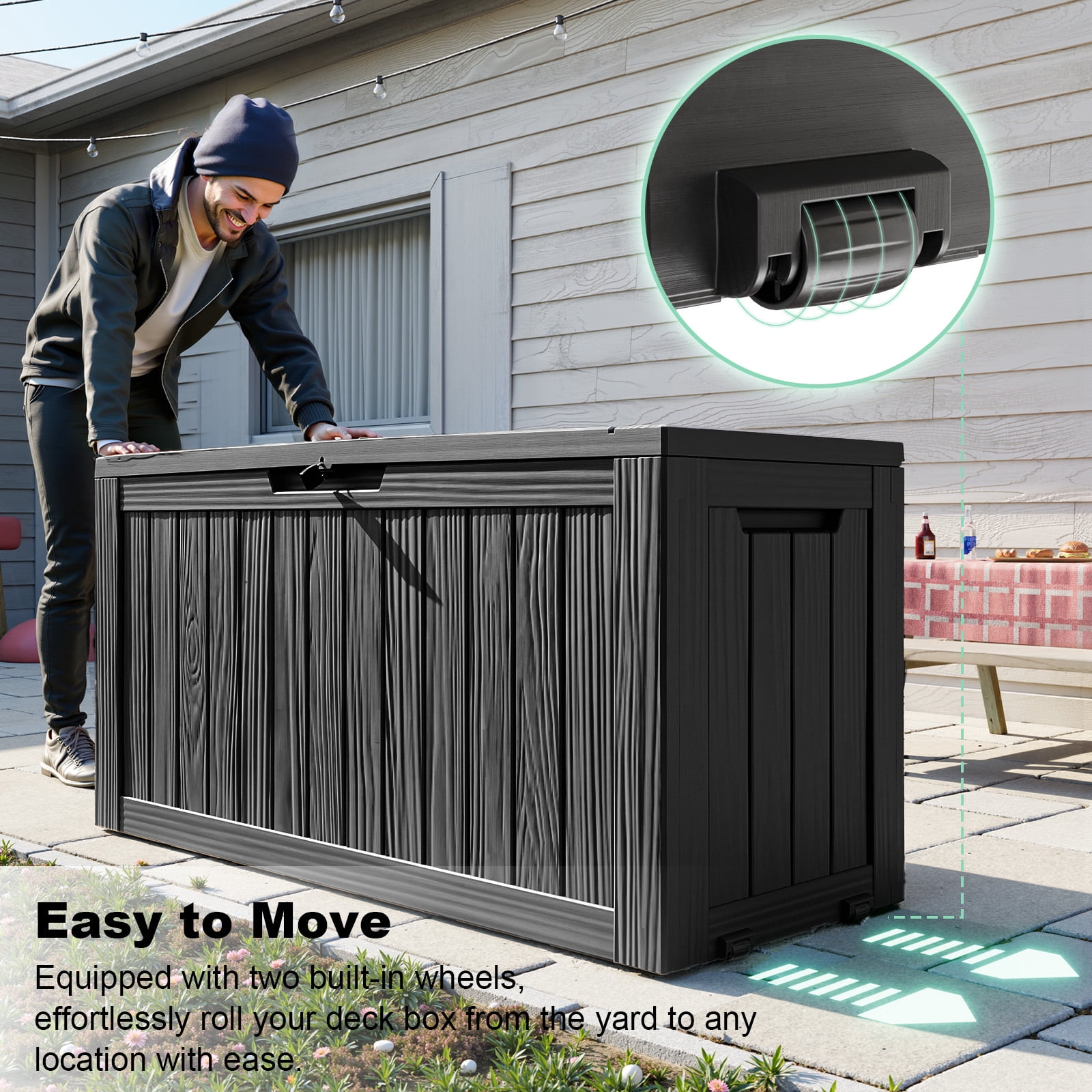 Easy Up 80 Gallon Resin Deck Box, Lockable Outdoor Patio Storage for Garden Tools and Furniture (Black, 46.3 in x 18.7 in x 23.2 in) lgj7n