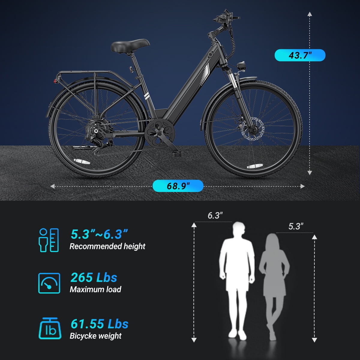 DYU C7L Electric Mountain Bike, 1000W Motor 48V E-bike with 7-Speed Shimano Gears (Black, 26 in) a92de