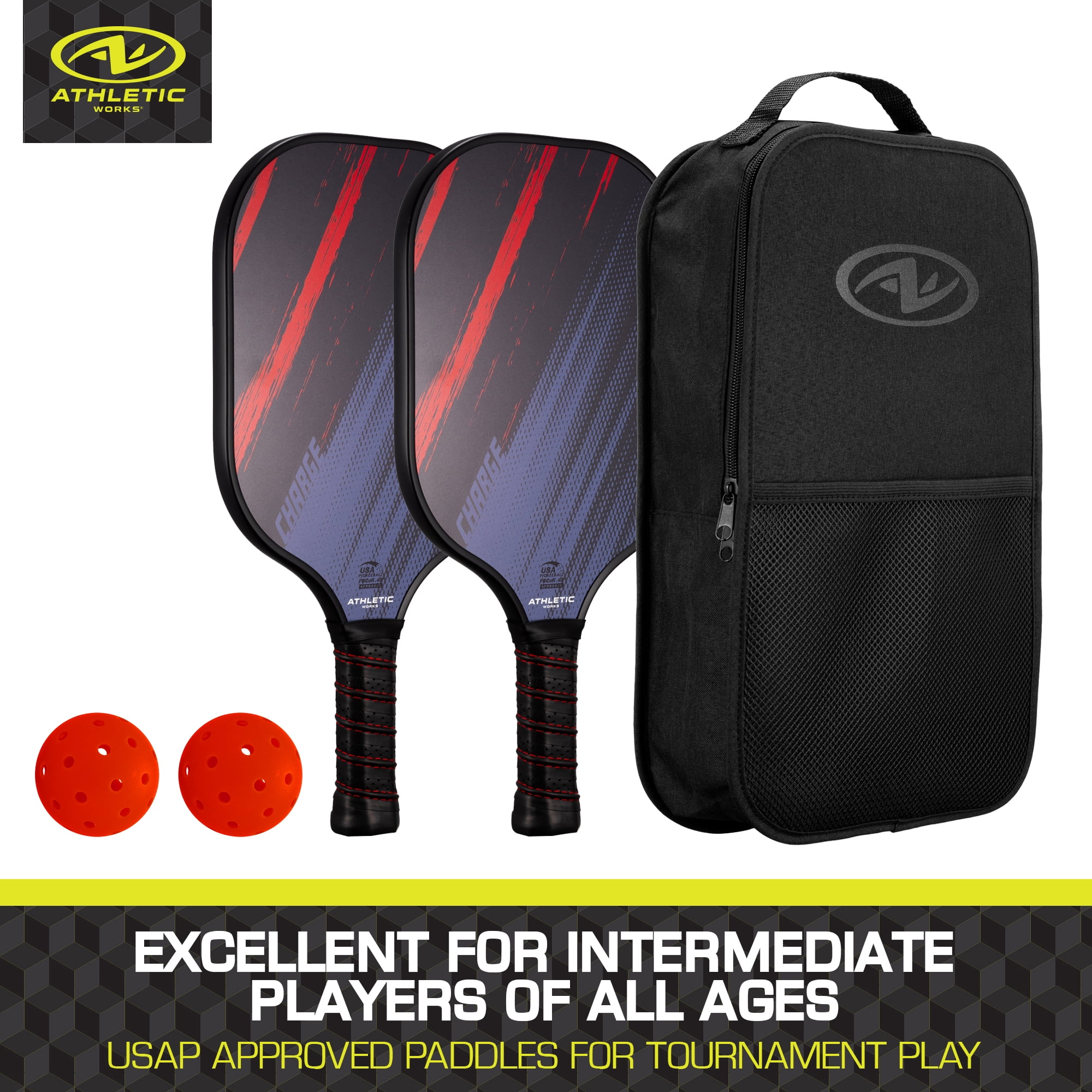 Athletic Works Charge Fiberglass 2-Player Pickleball Paddle Set (Red, 5-Piece) lny5n