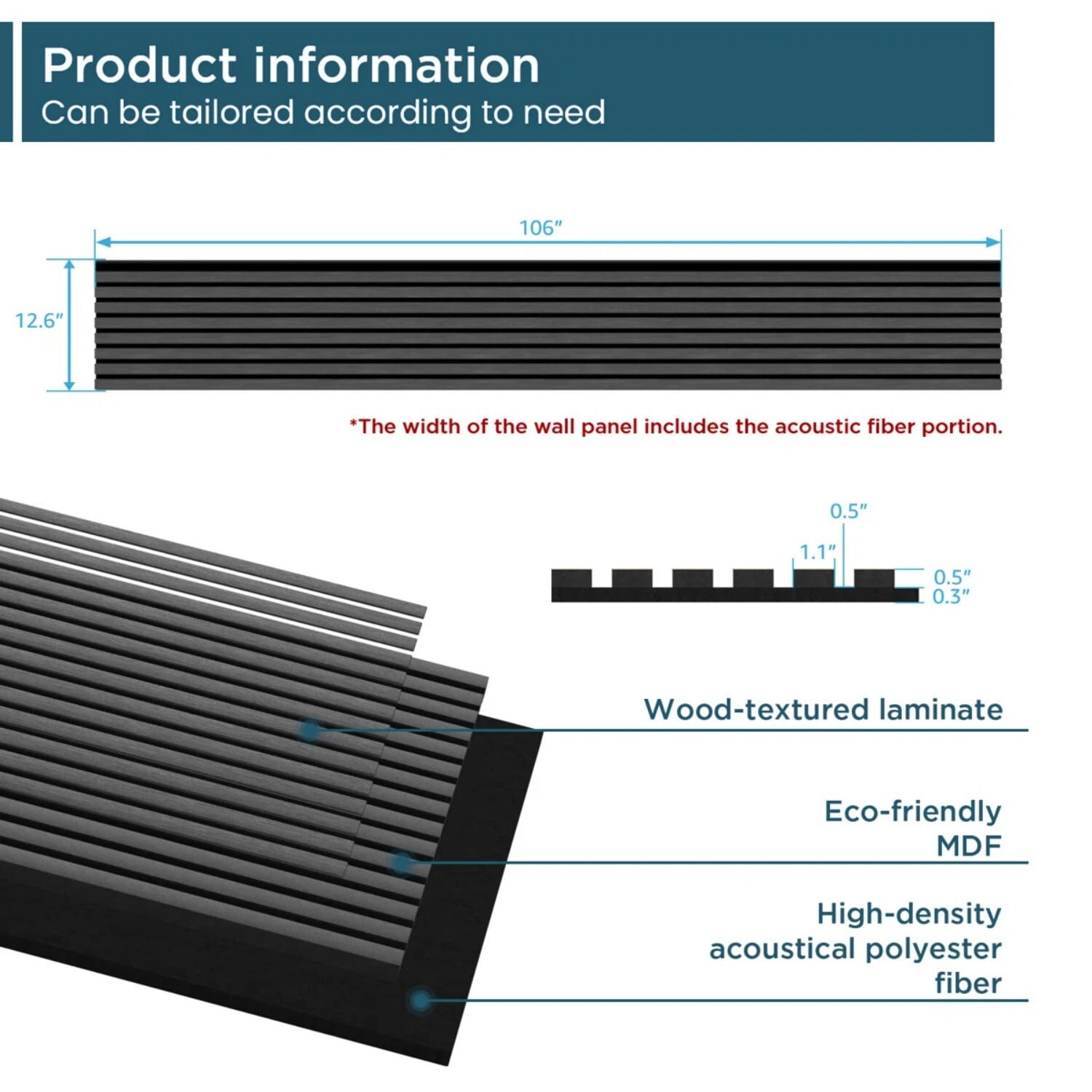 Easy4Home Soundproof Wood Slat Acoustic Wall Panels (Dark Gray, 4-Pack, 106 in x 12.6 in) qyprz