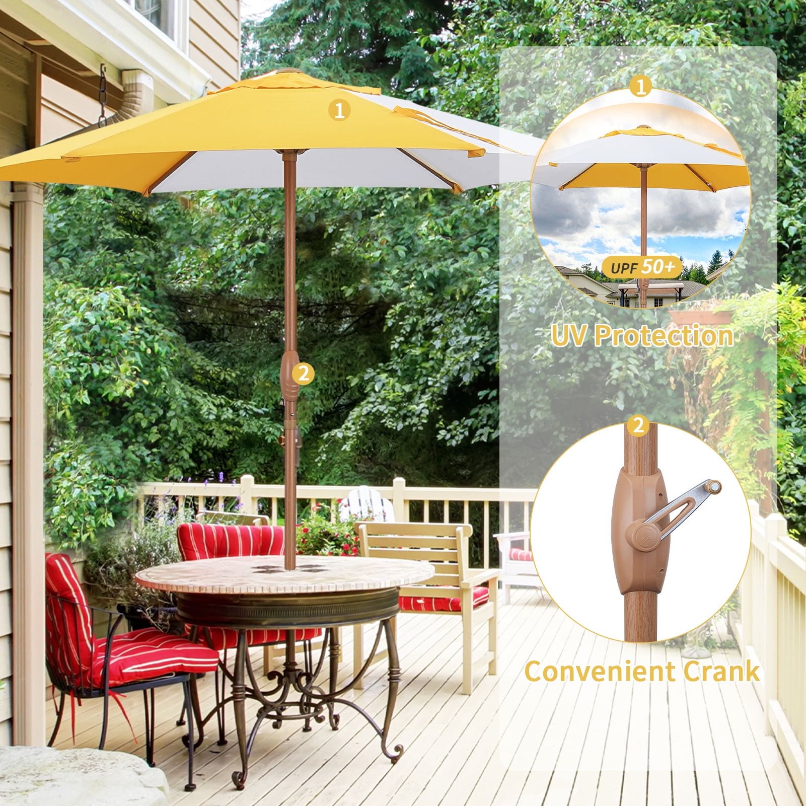 Ainfox 7.5 ft Round Market Patio Umbrella, UV-Resistant Outdoor Shade (Yellow/White Stripe, 7.5 ft) f32g9