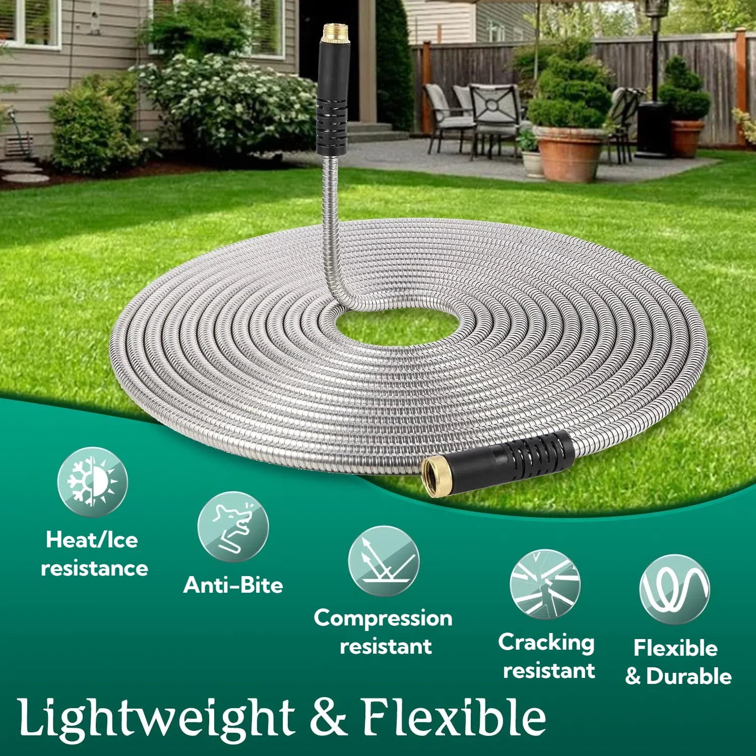 Teblint 304 Stainless Steel Garden Hose, Heavy-Duty Flexible Water Hose with 10-Function Nozzle (Silver, 50 ft) ij93i