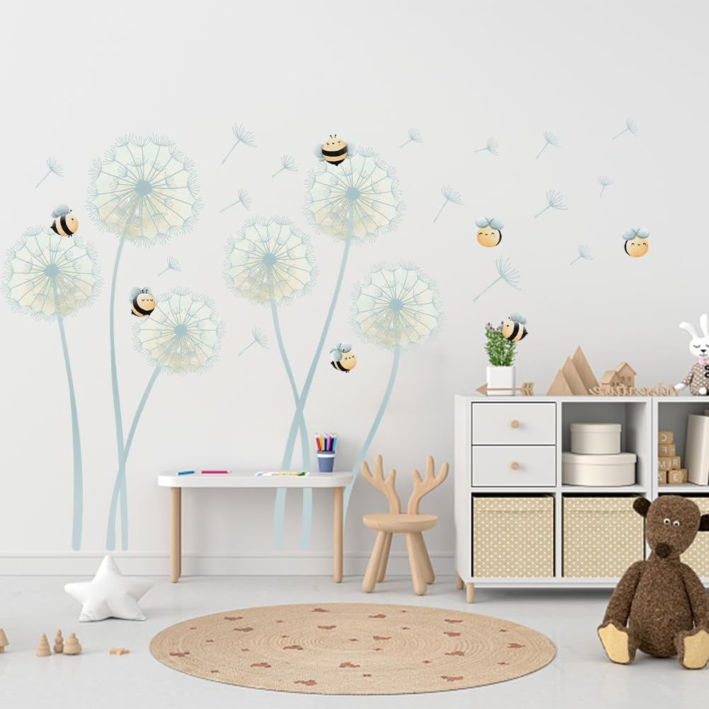 ORIGACH Dandelion Bee Wall Decal Set, Watercolor Floral Vinyl Wall Art for Nursery and Bedroom (Multicolor, 35 in x 30 in) fhicz