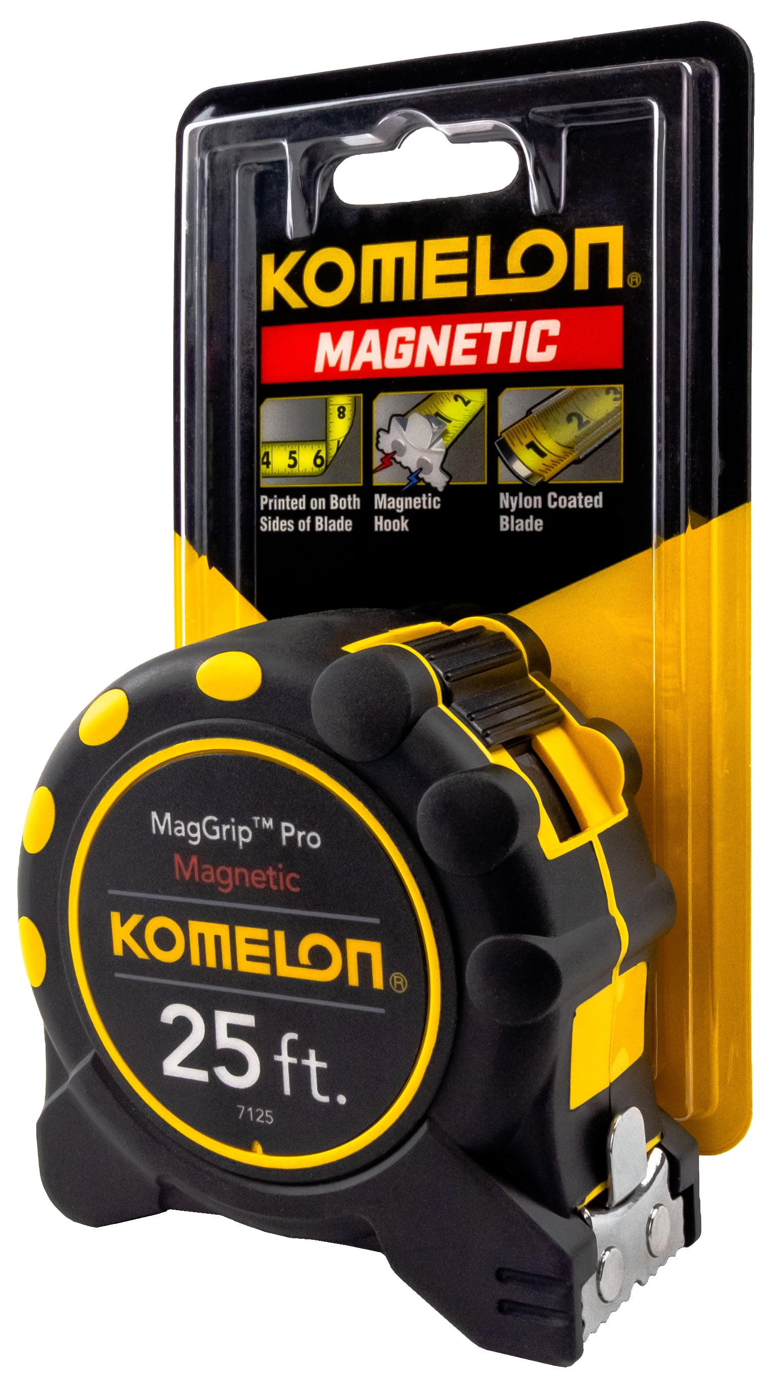 Komelon Monster Magnetic Tape Measure, Heavy-Duty Nylon Coated Blade, Dual-End Hook (Yellow, 25 ft) 9jea9