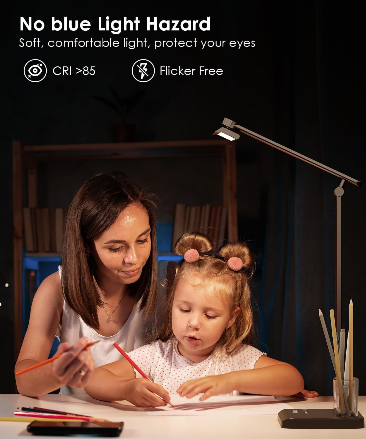 Hyper-Tech LED Desk Lamp with USB Charging Port, Eye-Caring Dimmable Table Light, 5 Color Modes, Foldable Design (White, 15 in) 4mftz