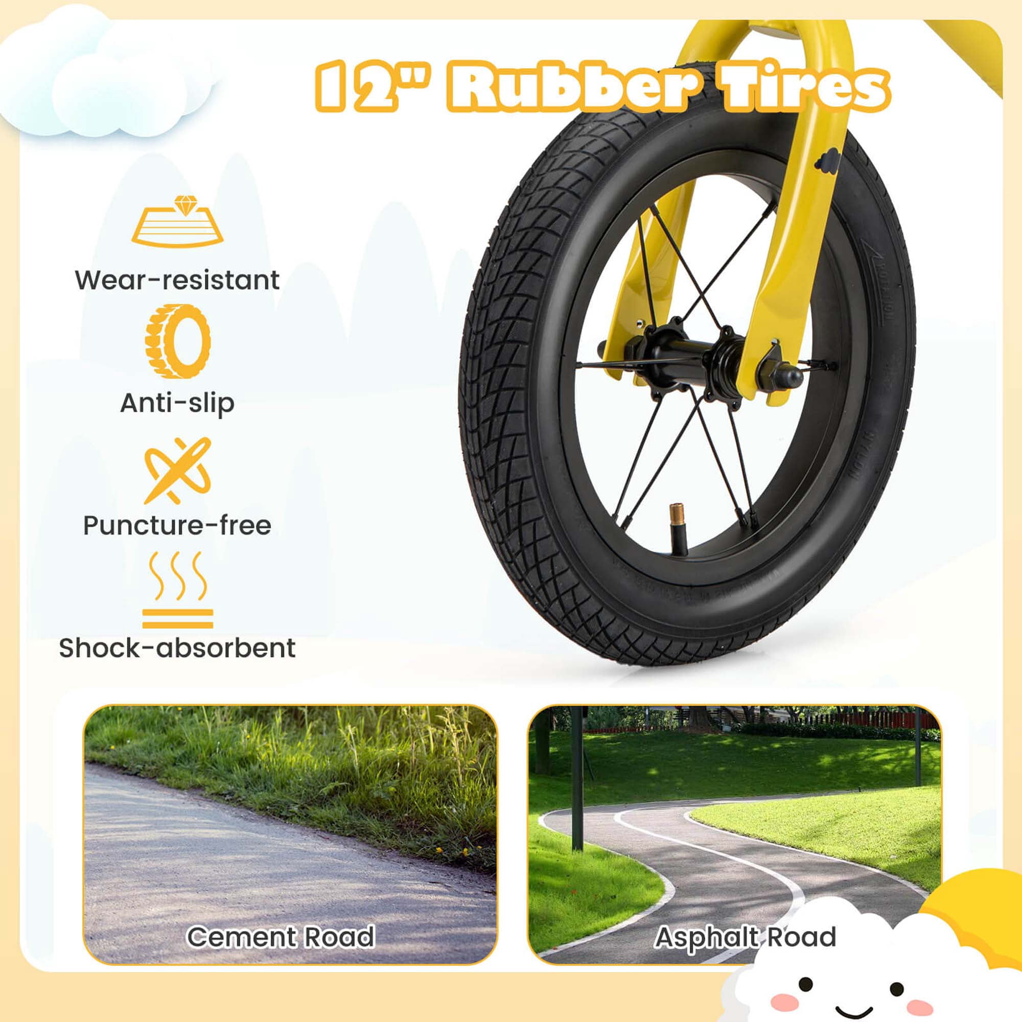 Costway Toddler Balance Bike No Pedal Training Bicycle with Inflatable Rubber Tires (Yellow, 12 in) dd9y5