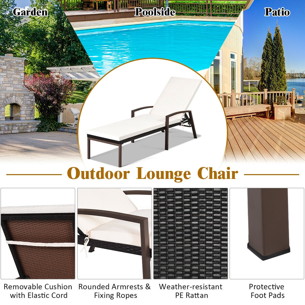 Costway 2-Piece Patio Rattan Lounge Chair Set with Adjustable Backrest and Cushions (Off-White) gvlci