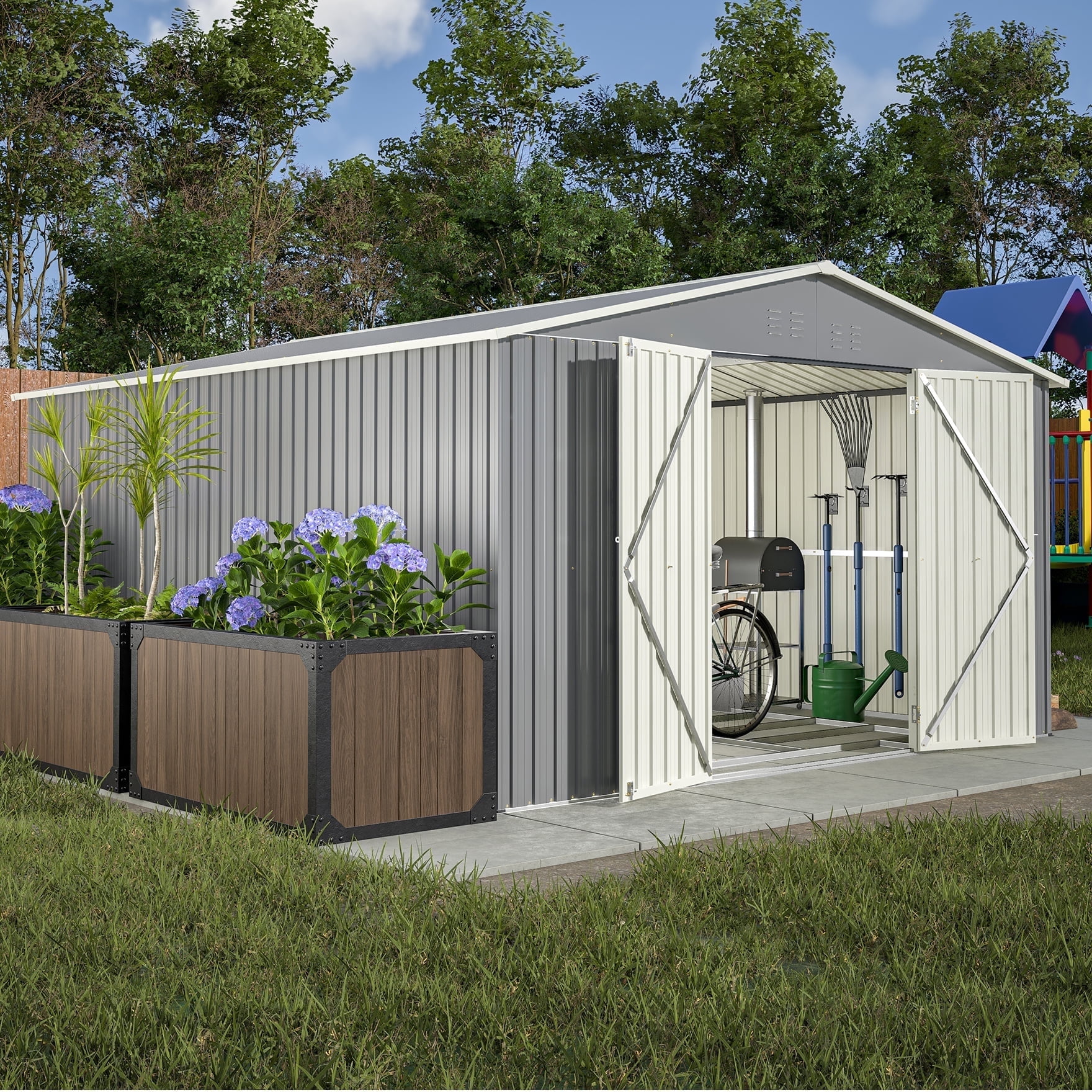 LZBEITEM Outdoor Storage Metal Shed, Galvanized Steel Garden Tool House with Floor Frame Kit and Lockable Doors (Gray, 11 x 13 ft) rda6a