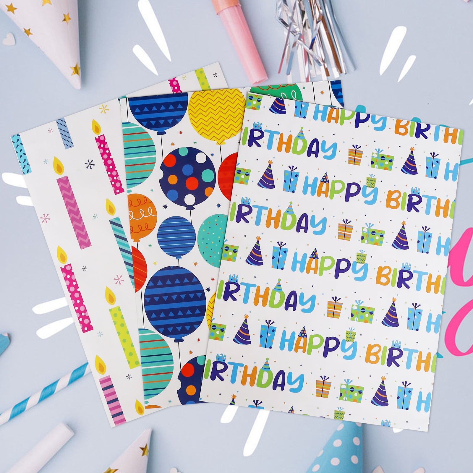 AUCLAY Birthday Gift Wrapping Paper, Festive Balloons and Candles Design (3-Sheet Pack, 27 in x 39.4 in) ofb7z