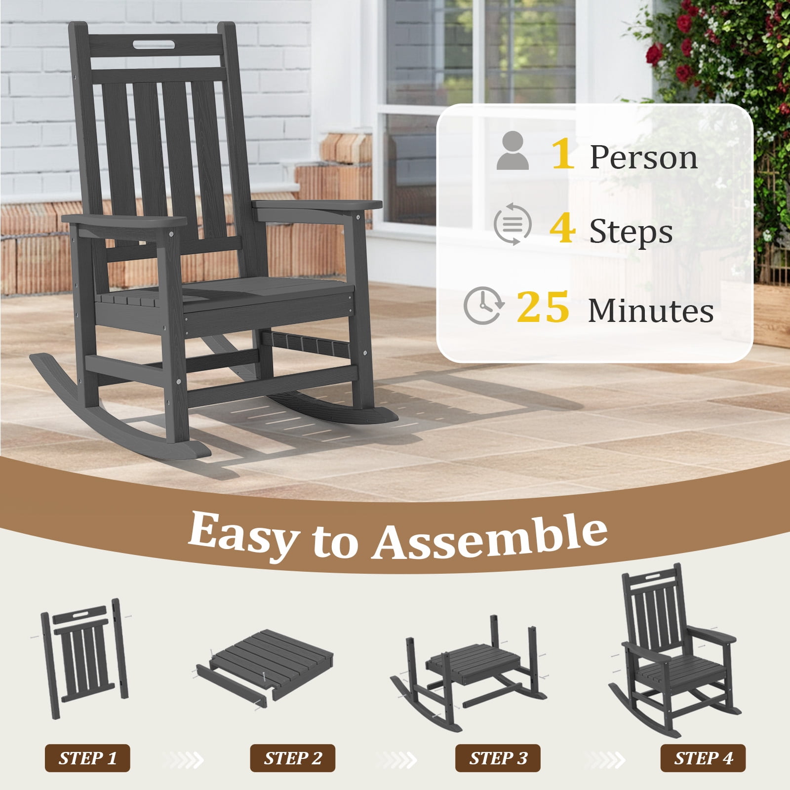 Loyalice HDPE Outdoor Rocking Chair, All-Weather High Back Patio Rocker with Wood-Grain Texture (Gray) 1kiwq