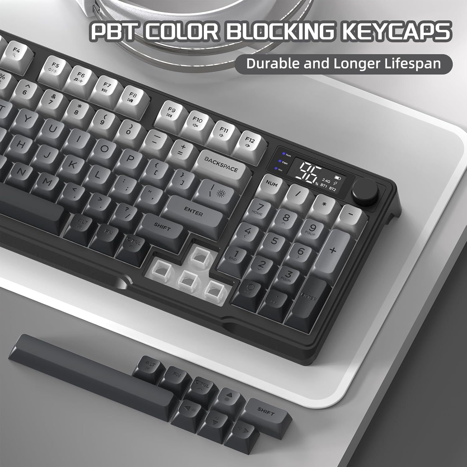 Free Wolf M96 Wireless Gaming Keyboard, Membrane Mechanical Feel with LCD Screen & Media Knob (Grey, 94 Key) kzbu3