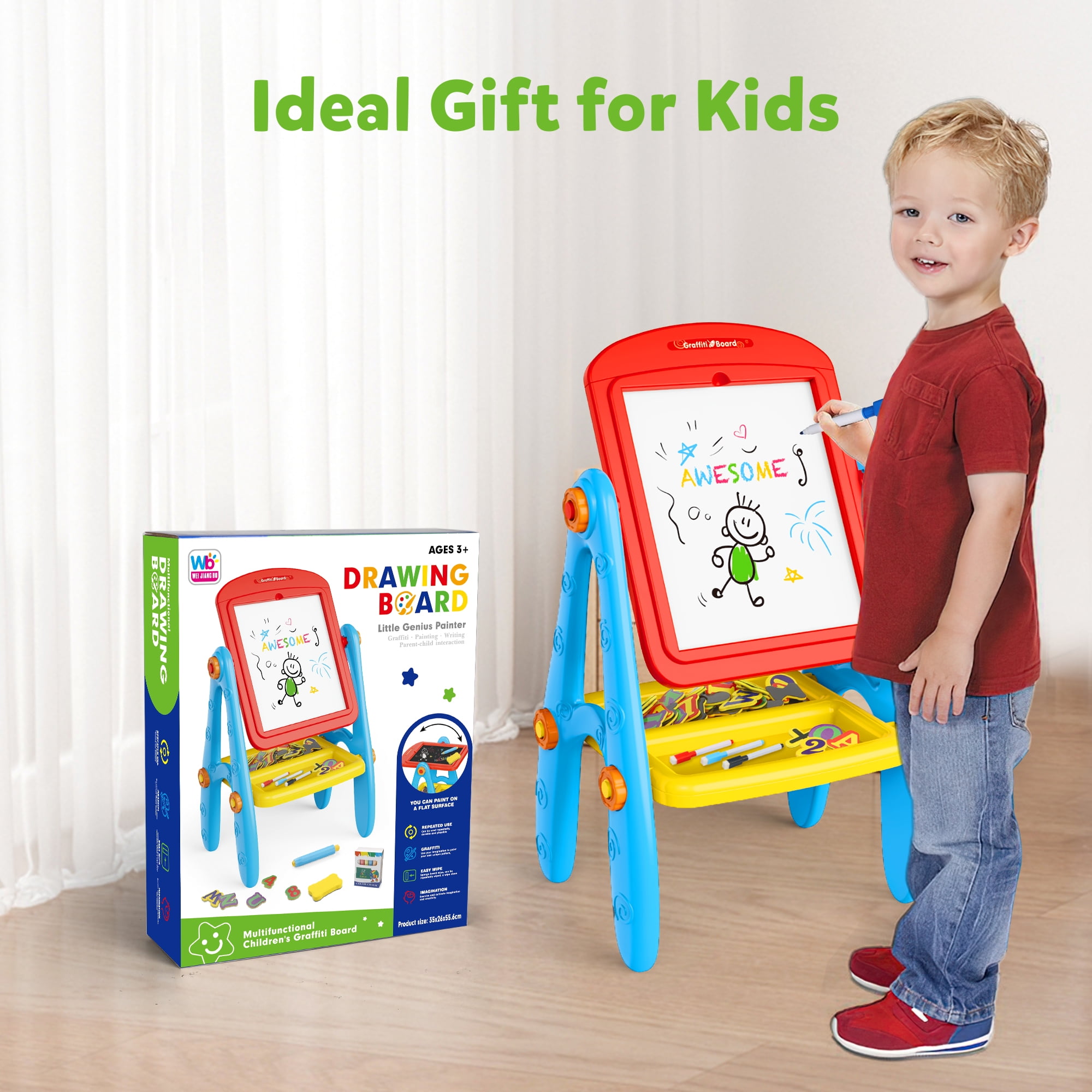 Freecat Kids Art Easel, Double Sided Magnetic Whiteboard and Chalkboard Drawing Station (White) 67pv2