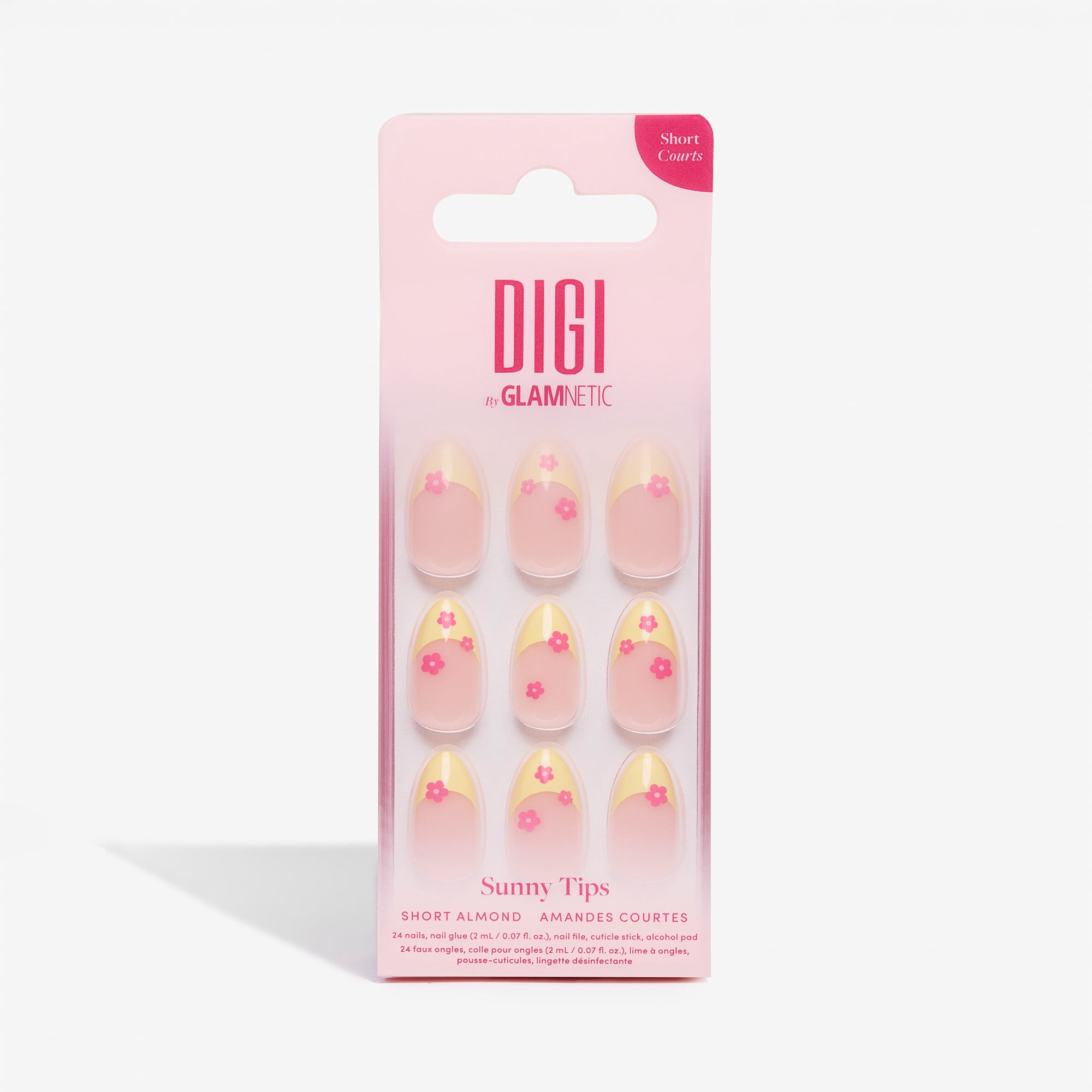 DIGI by Glamnetic Short Almond Press-on Nails, Sunny Tips Yellow French Floral (24 Pieces) nrisp