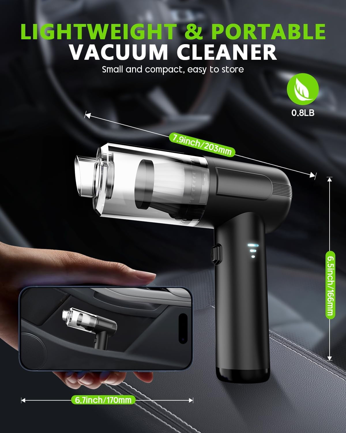TRAKAR 4-in-1 Portable Cordless Car Vacuum Cleaner, High Power Rechargeable Handheld Vacuum with LED Light (Black, 1-Pack) v5m0h