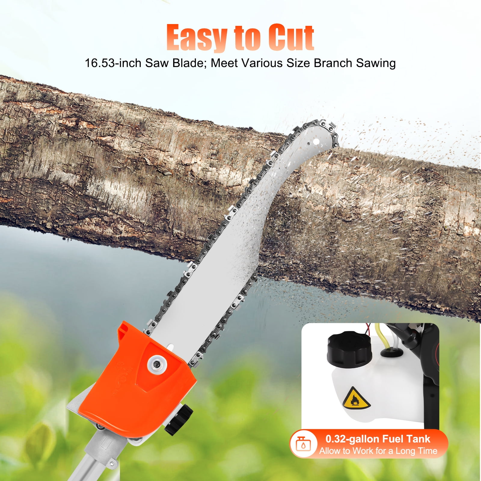 ChicHomey 52CC 2-Stroke Gas Pole Saw Chainsaw, Adjustable Height High Branch Pruner (Orange, 90.55 in) 4ov48