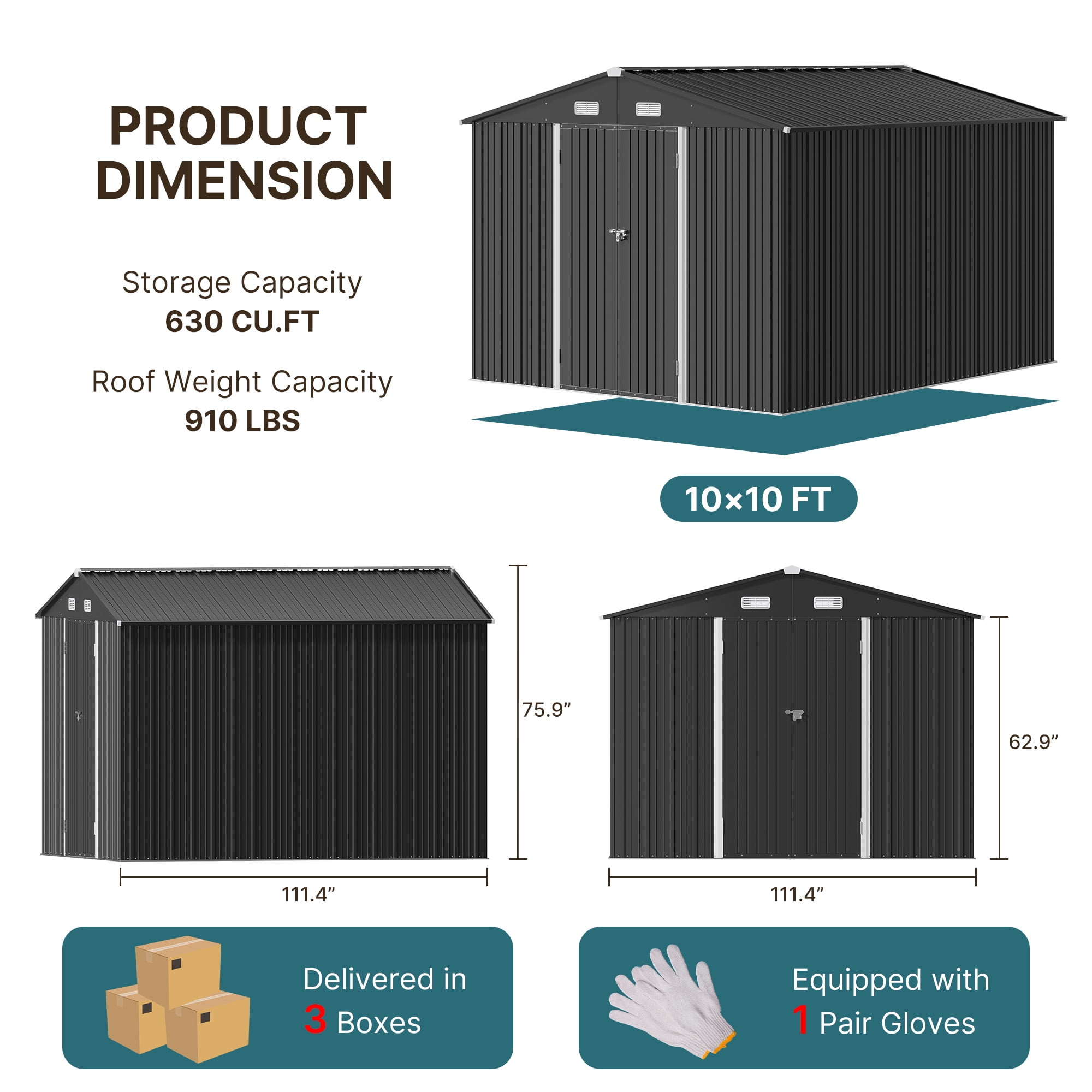 Lofka 10x10 ft Outdoor Storage Shed, Waterproof Galvanized Steel Garden Shed with Lockable Doors (Dark Gray) n2te0