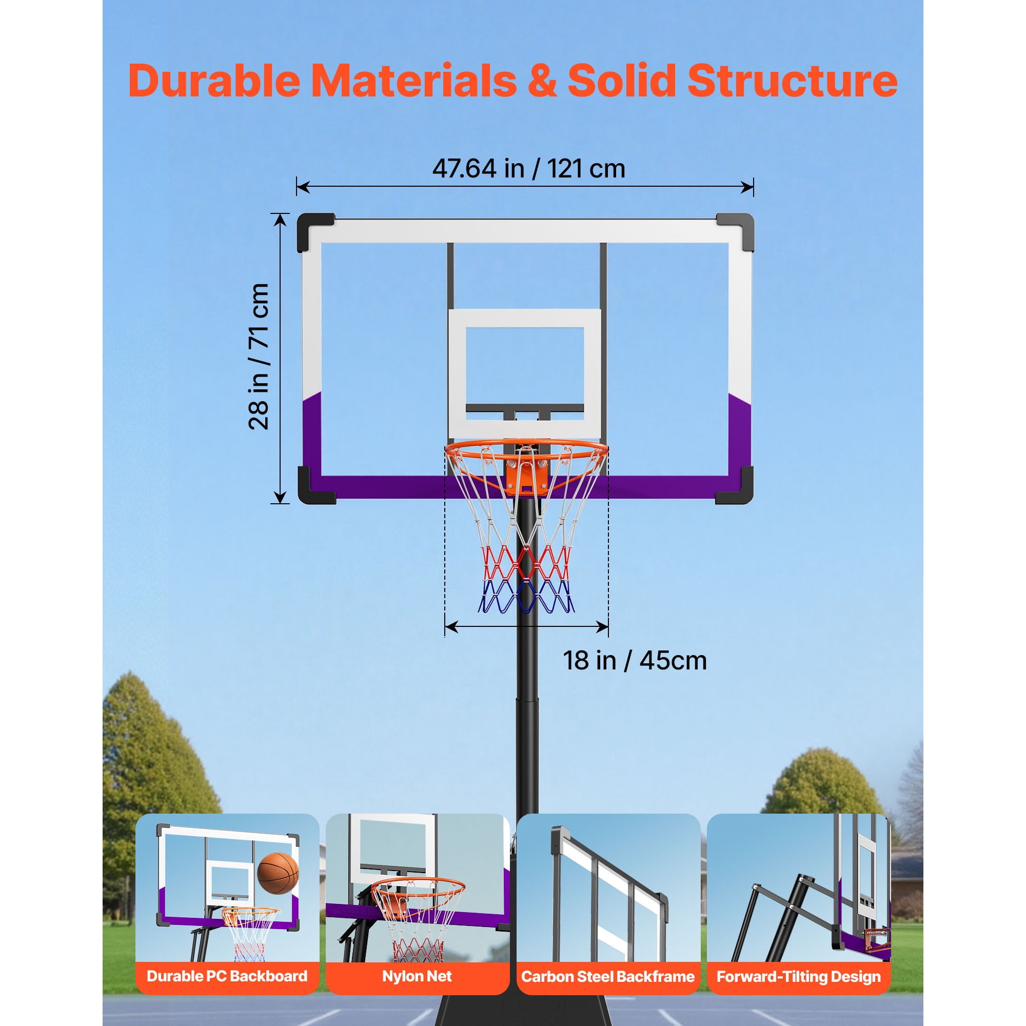 KFFKFF Portable Basketball Hoop System with Adjustable Height (10 ft, 48-inch Backboard, Black) 0vue8