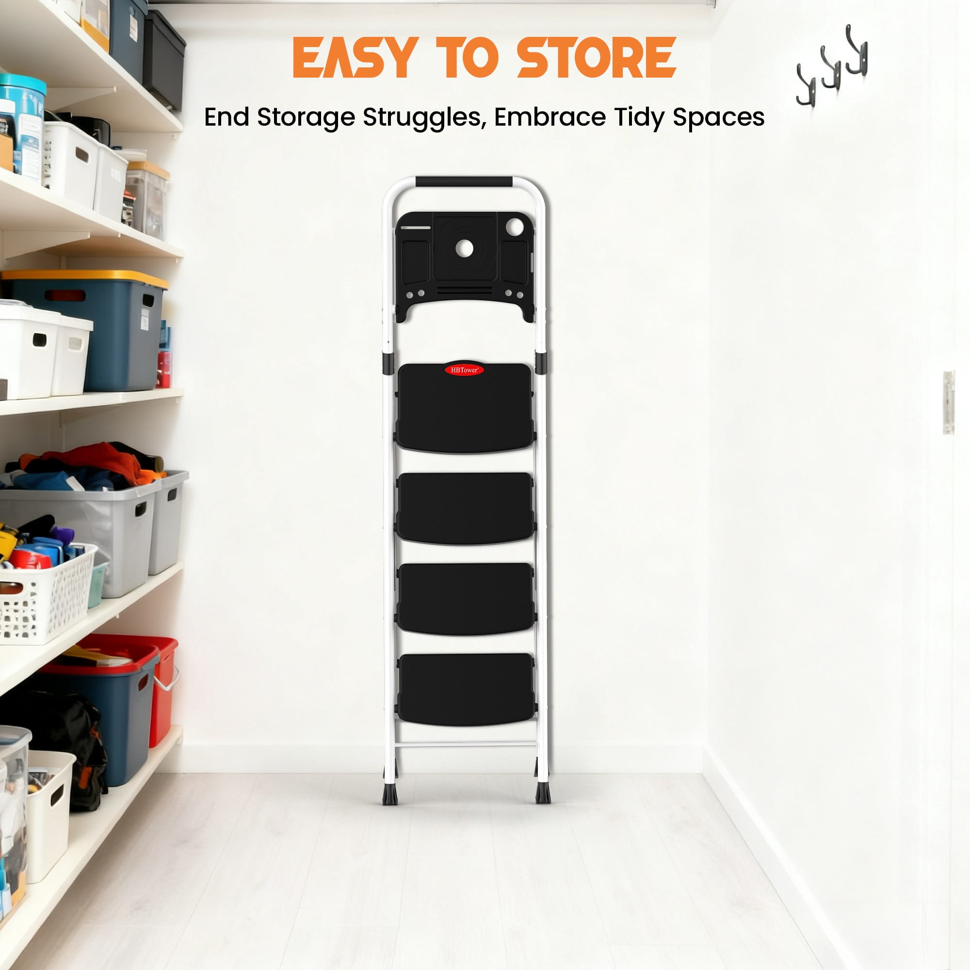 HBTower 4-Step Folding Ladder with Tool Tray and Anti-Slip Pedals (White, 330 lb Capacity) uzmnt