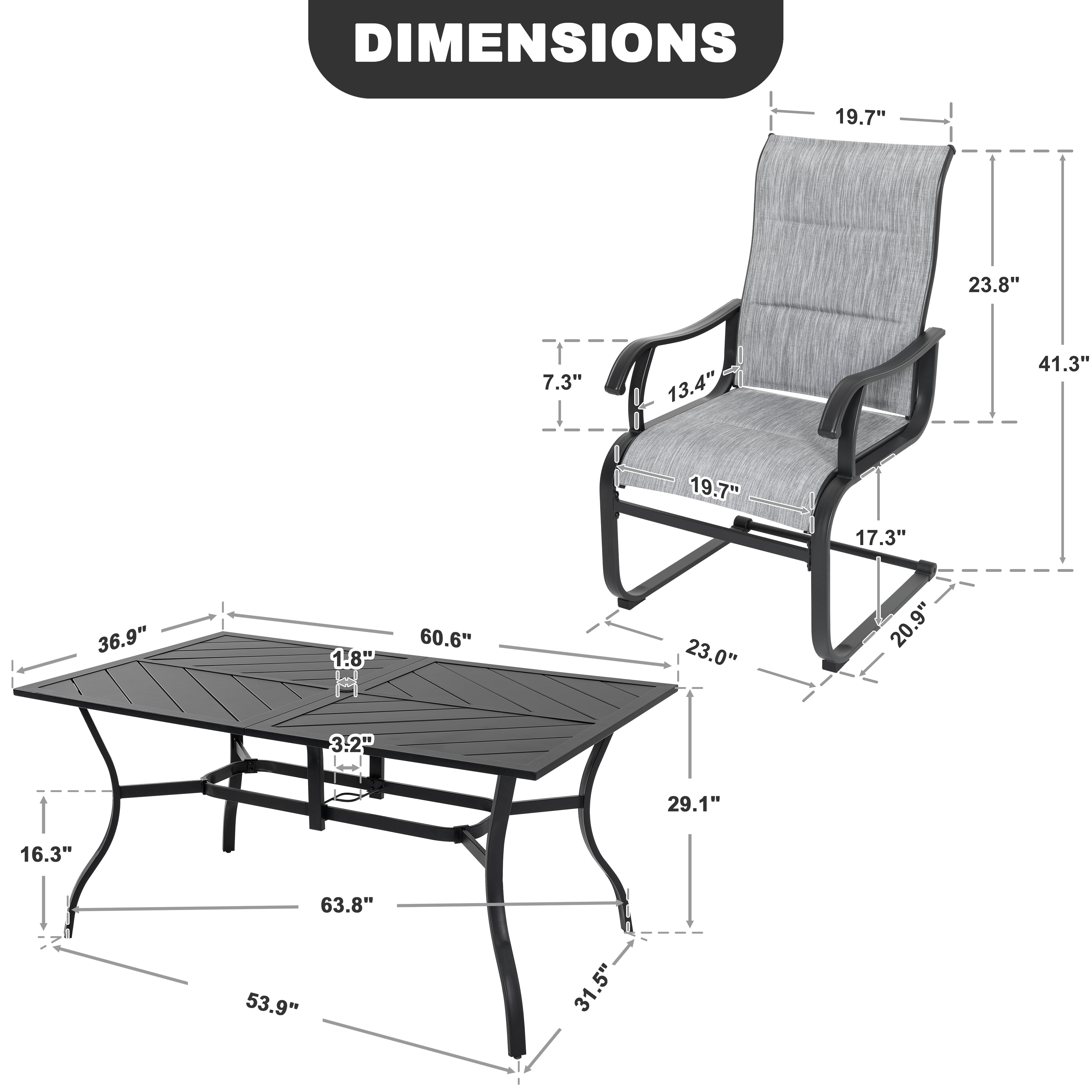 Nuu Garden 7 Piece Outdoor Dining Set, Padded Textilene Patio Chairs and 61 in Rectangular Table with Umbrella Hole (Grey & Black, 7 Piece Set) xlxqj