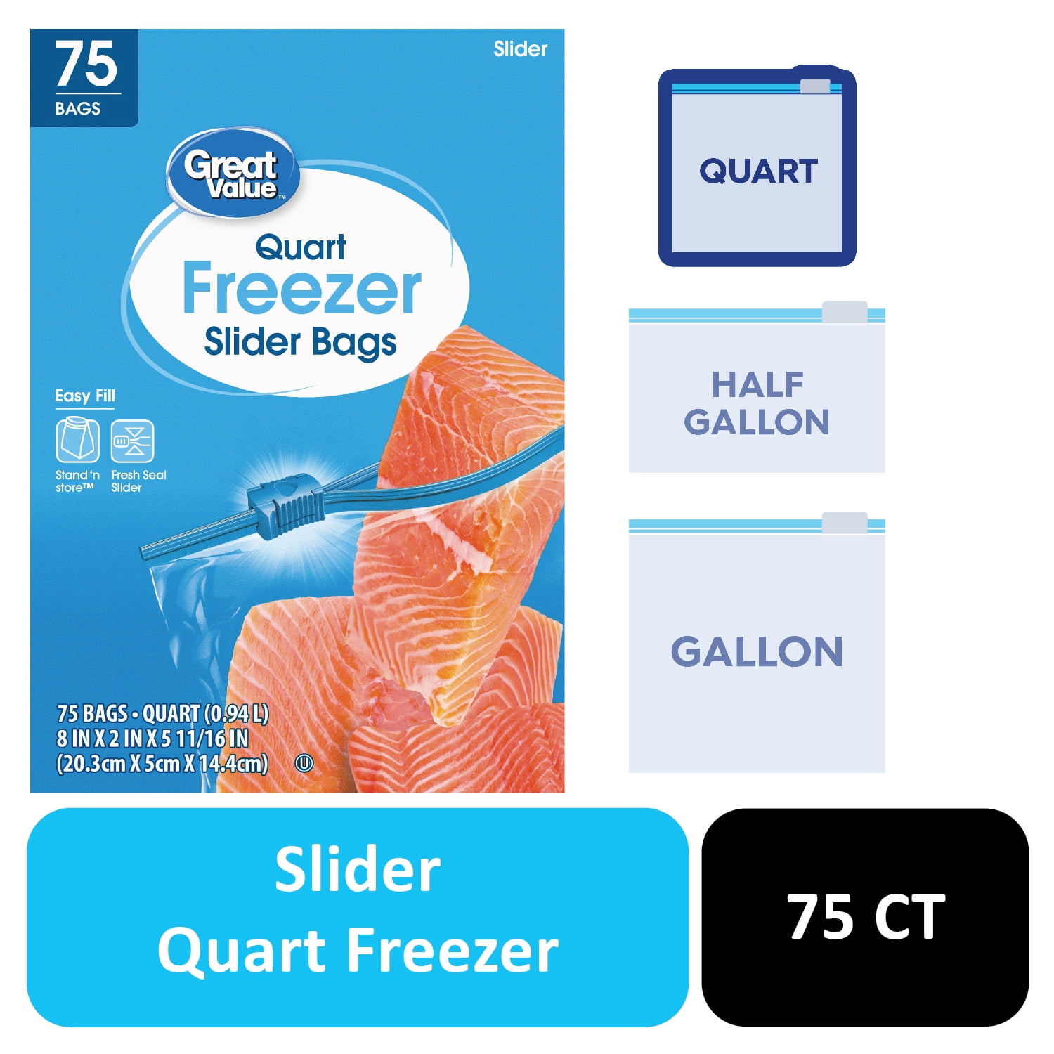 Great Value Freezer Guard Slider Zipper Bags, Quart Size, Food Storage (Clear, 300 Count) 0orp3