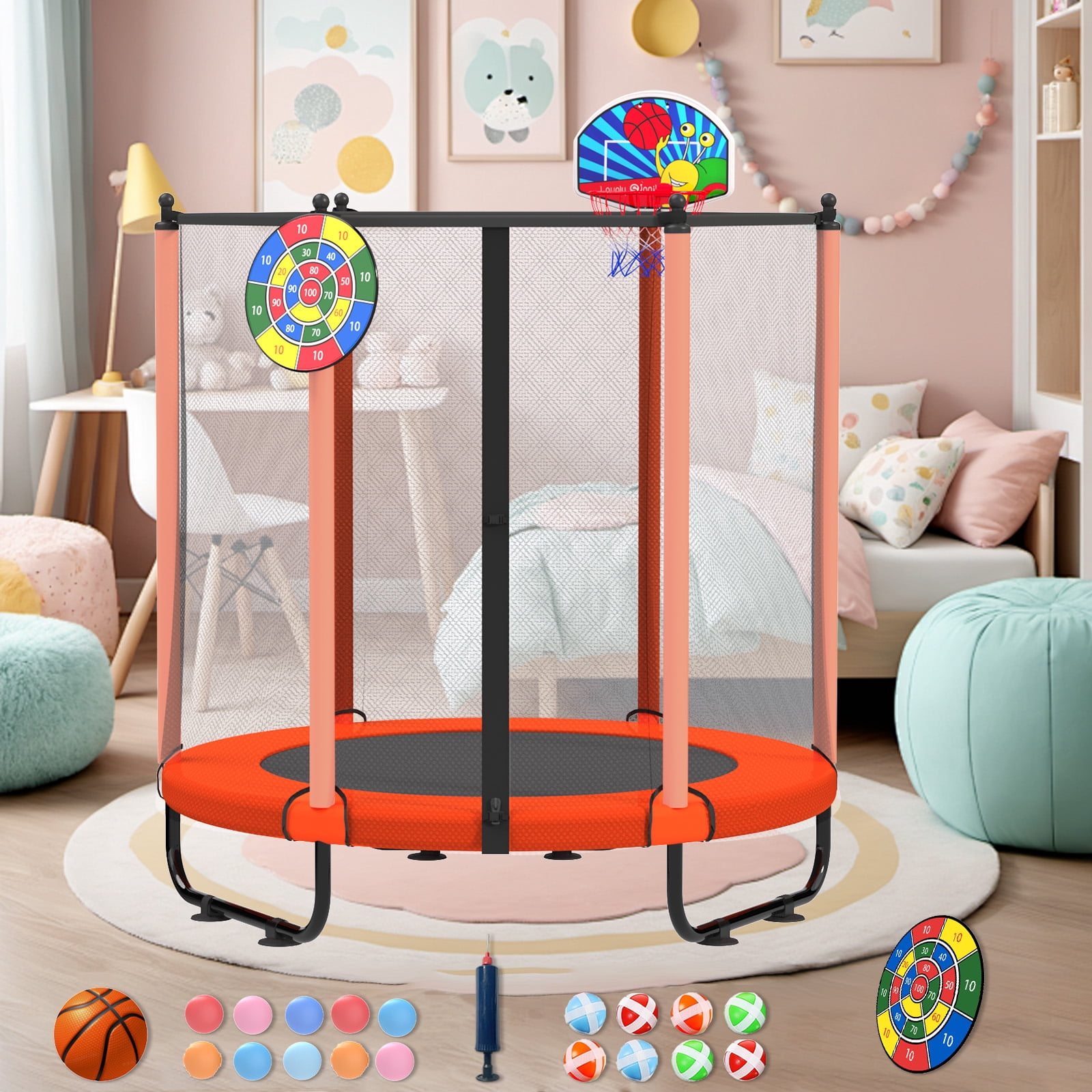 ACWARM HOME 60 in Toddler Trampoline with Safety Net and Basketball Hoop (Orange, 5 ft) p407q