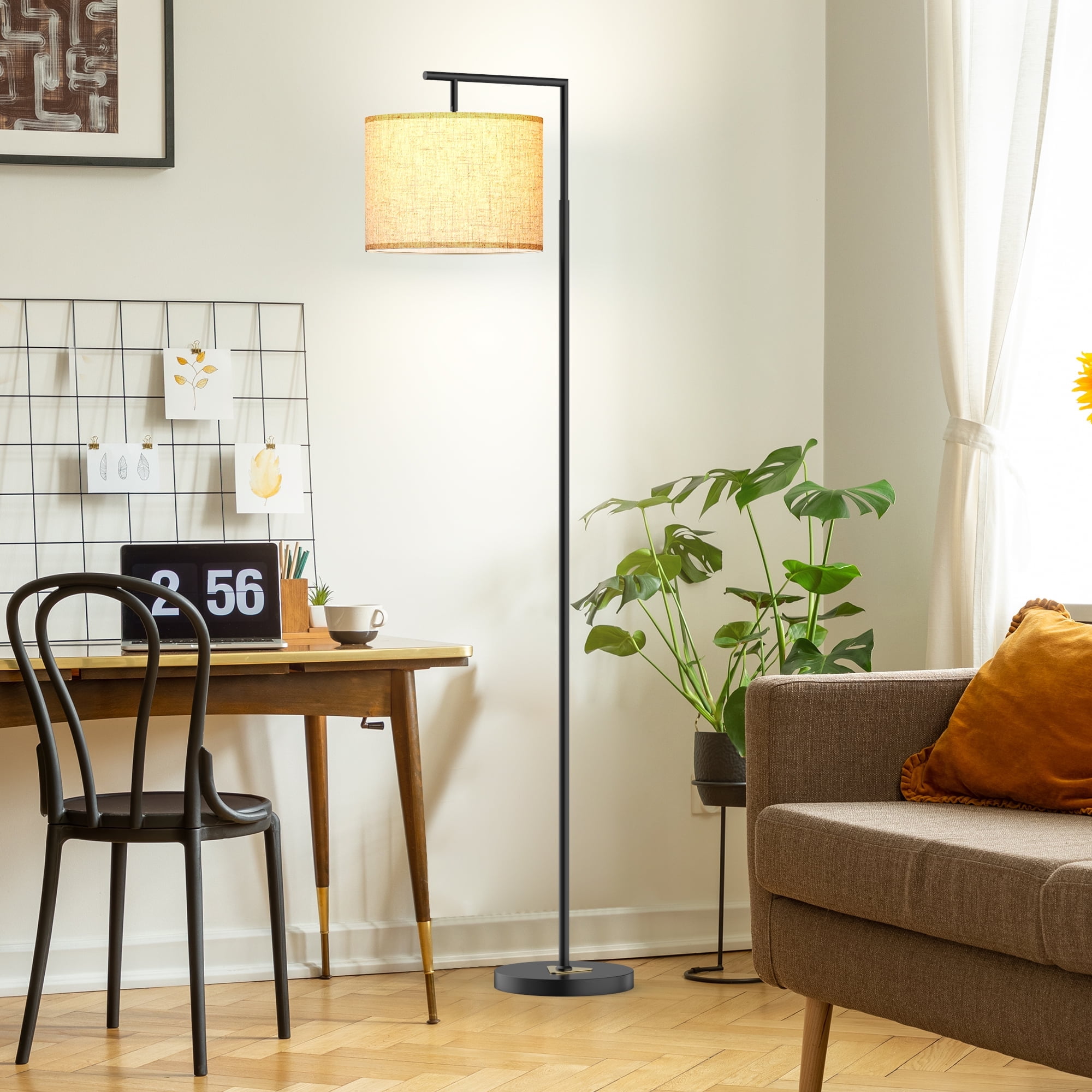 Jurulu Modern Arc Floor Lamp with Remote Control, Adjustable Linen Shade, Dimmable LED Standing Light (White, 61 in) cs74o