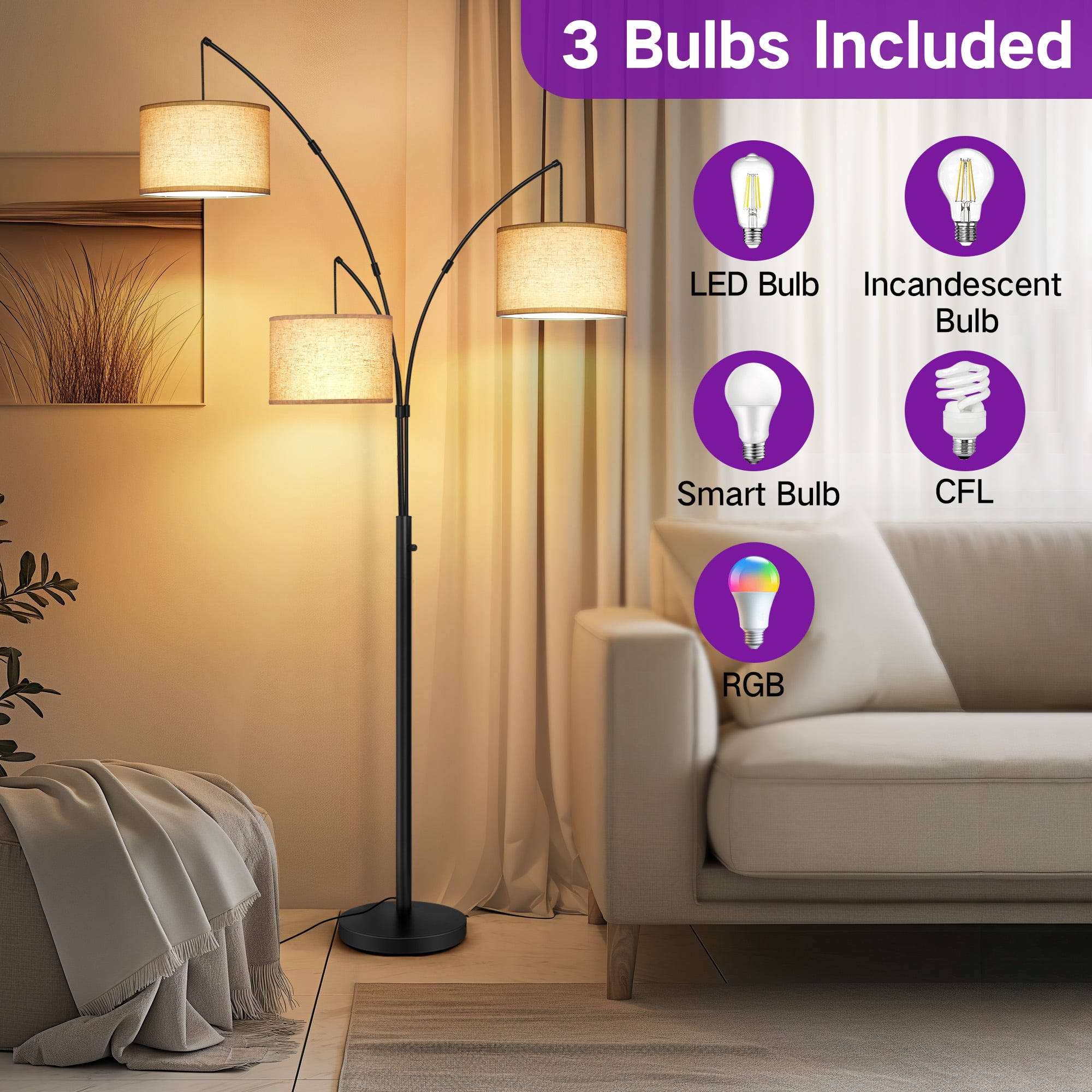 Outon 3-Light Arc Floor Lamp, Modern Standing Lamp with Linen Shades, Adjustable Multi-Directional Lighting for Living Room and Bedroom (Black, 80 in) h8x18