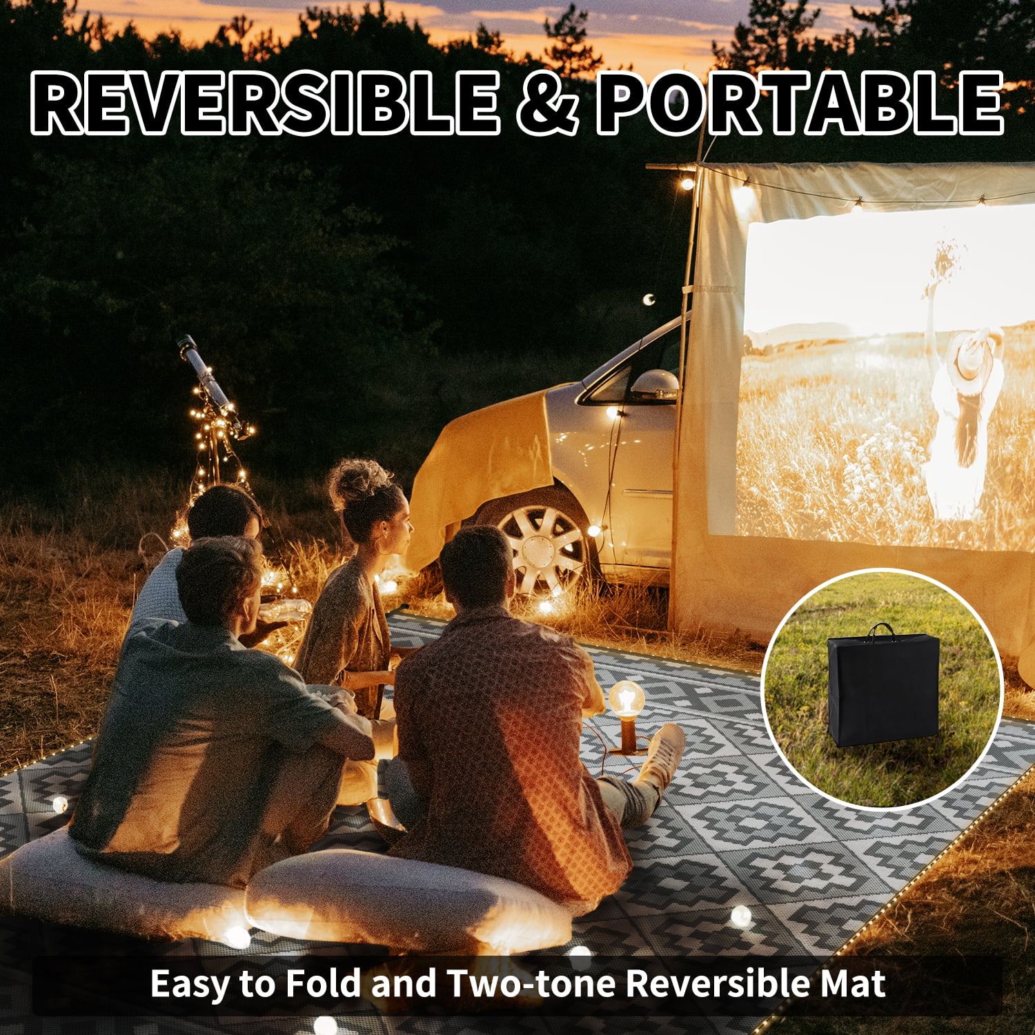 SIXHOME Outdoor Rug with LED Strip Light, Waterproof Reversible Patio Mat for RV Camping and Deck (Light Gray, 9 ft x 12 ft) 904jr