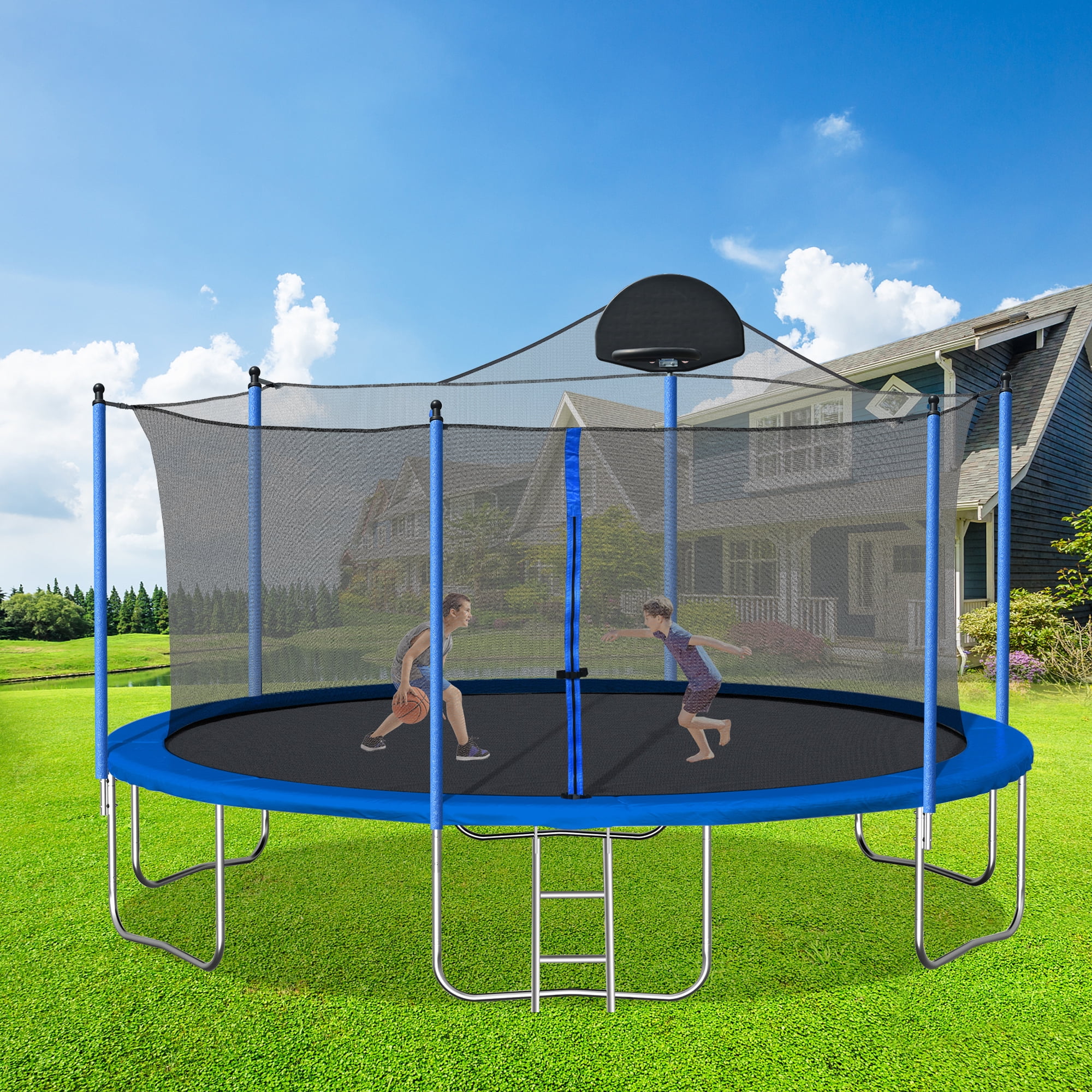 Triple Tree 14ft Outdoor Recreational Trampoline with Basketball Hoop, Safety Enclosure Net, and Ladder (Blue, 14ft) c39gy