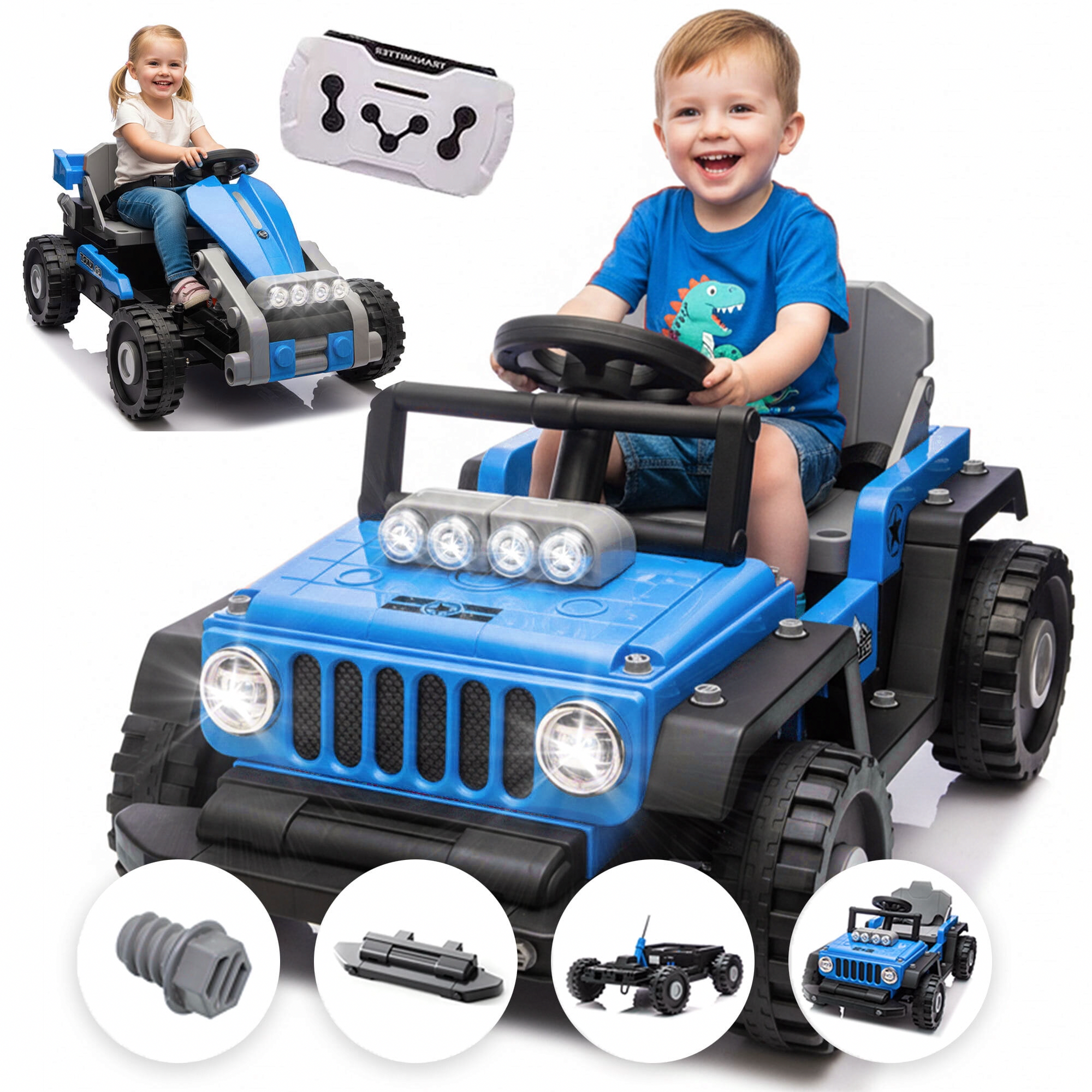 iYofe 2-in-1 Electric Ride On Building Block Car, Convertible Go-Kart with Remote Control (Blue, 12V) tlf9c