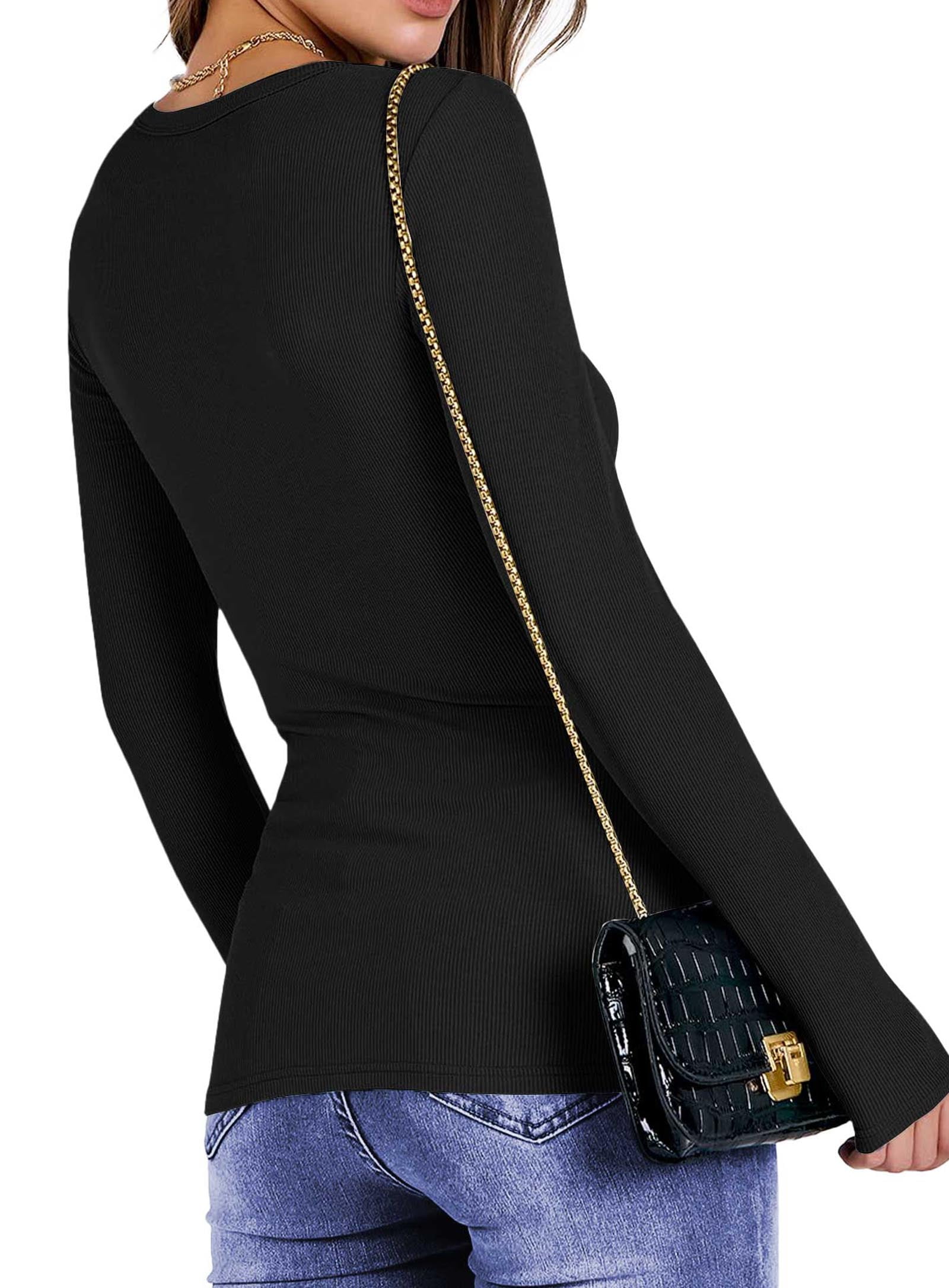 Fantaslook Women's Long Sleeve Crewneck Ribbed Knit Shirt Slim Fit Casual Basic Top (Black, L) 3wp51