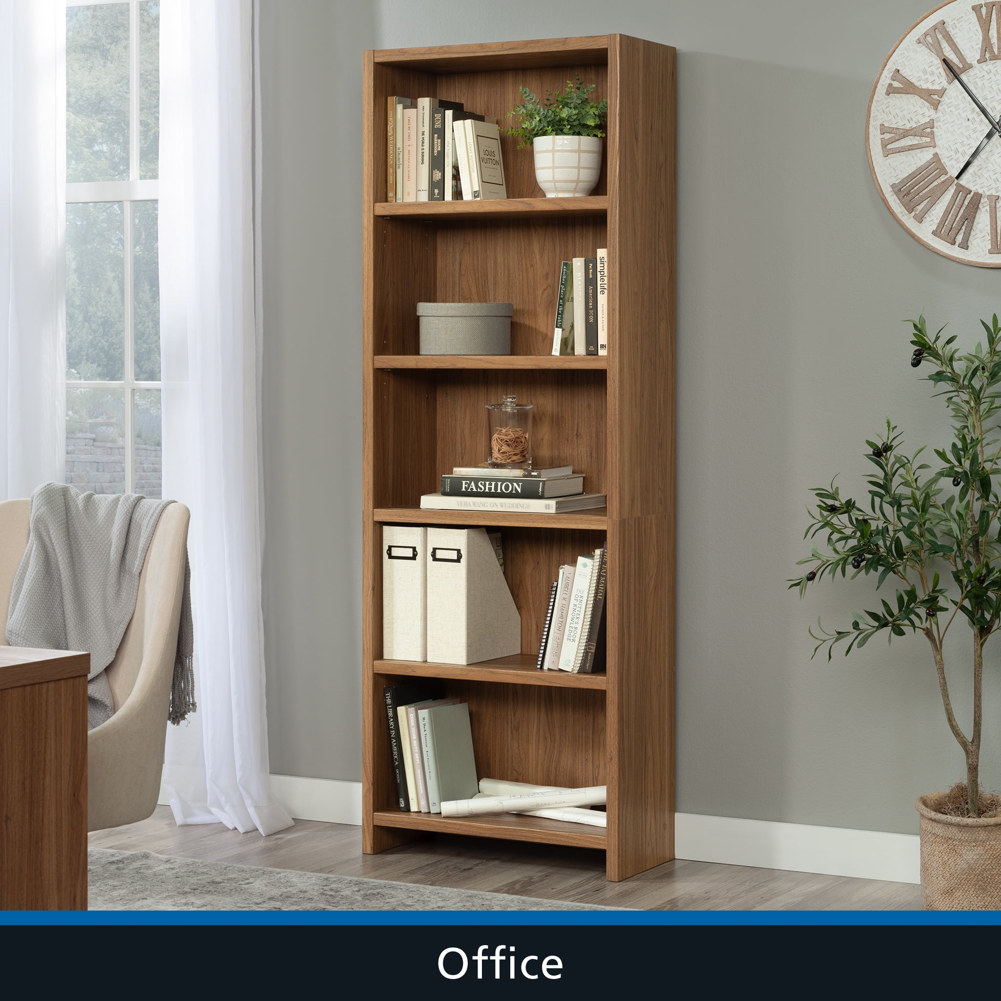 Mainstays Westley 5-Shelf Bookcase, Durable Storage Organizer (Walnut, 72.68 in H x 25.83 in W x 11.58 in D) 4uru3