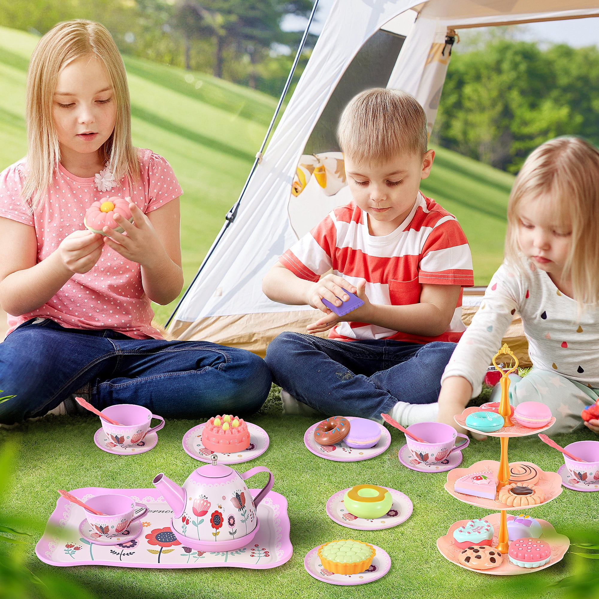 TOPFOX 45-Piece Princess Tea Party Set, Pretend Play Kitchen Toy with Tin Teapot, Cups, Plates, and Carrying Case (Pink, 45-Piece Set) e9om7