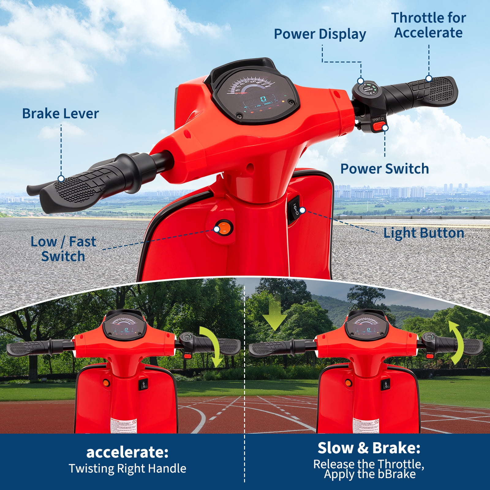Tuekys Electric Moped Scooter for Kids, 24V 350W Ride-on Motorcycle with LED Lights (Red, 51.18 in) vu0ys