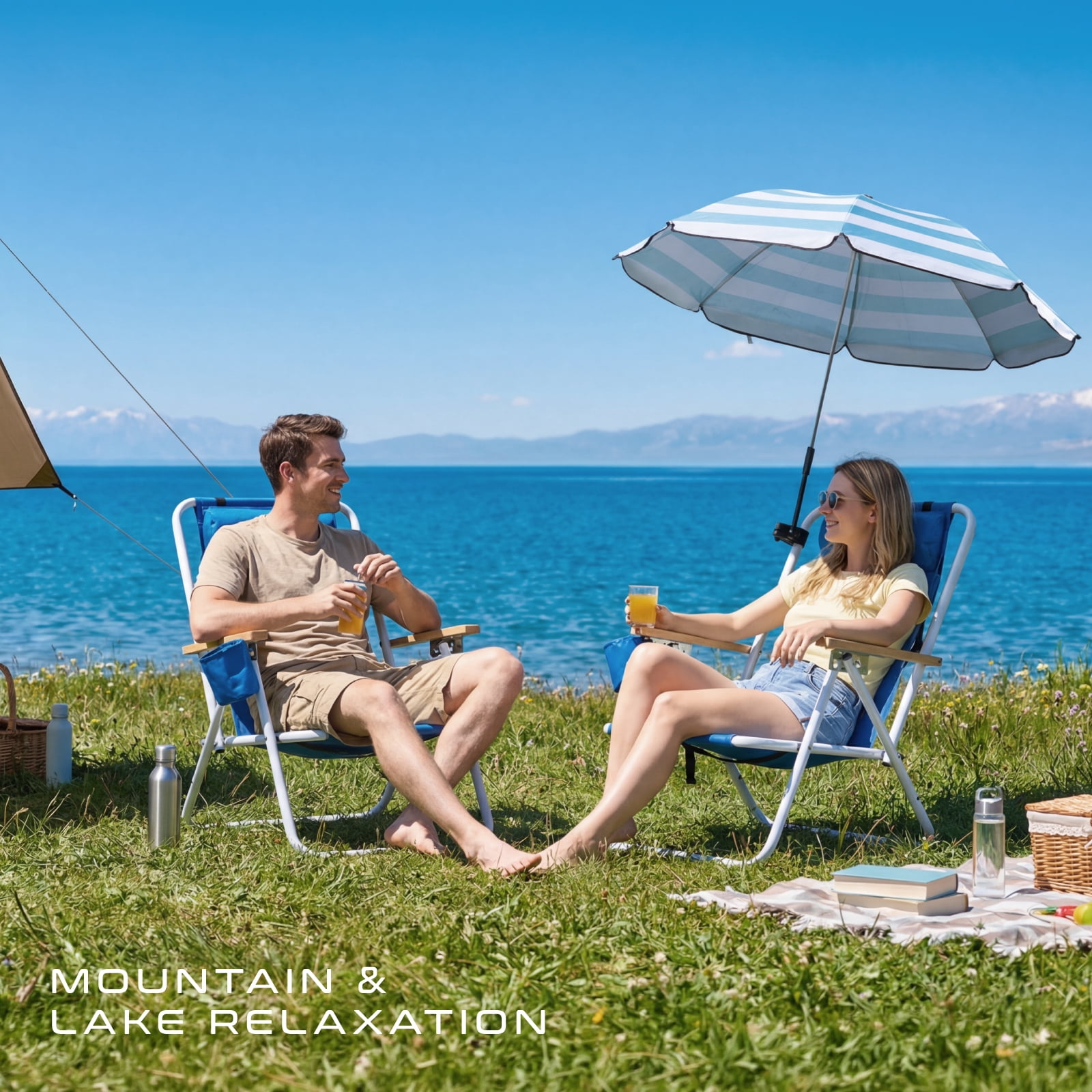 Vebreda Folding Beach Chair with Adjustable Umbrella, Heavy Duty Camping Seat (Blue, 32.3 in x 23 in x 27.6 in) w03in