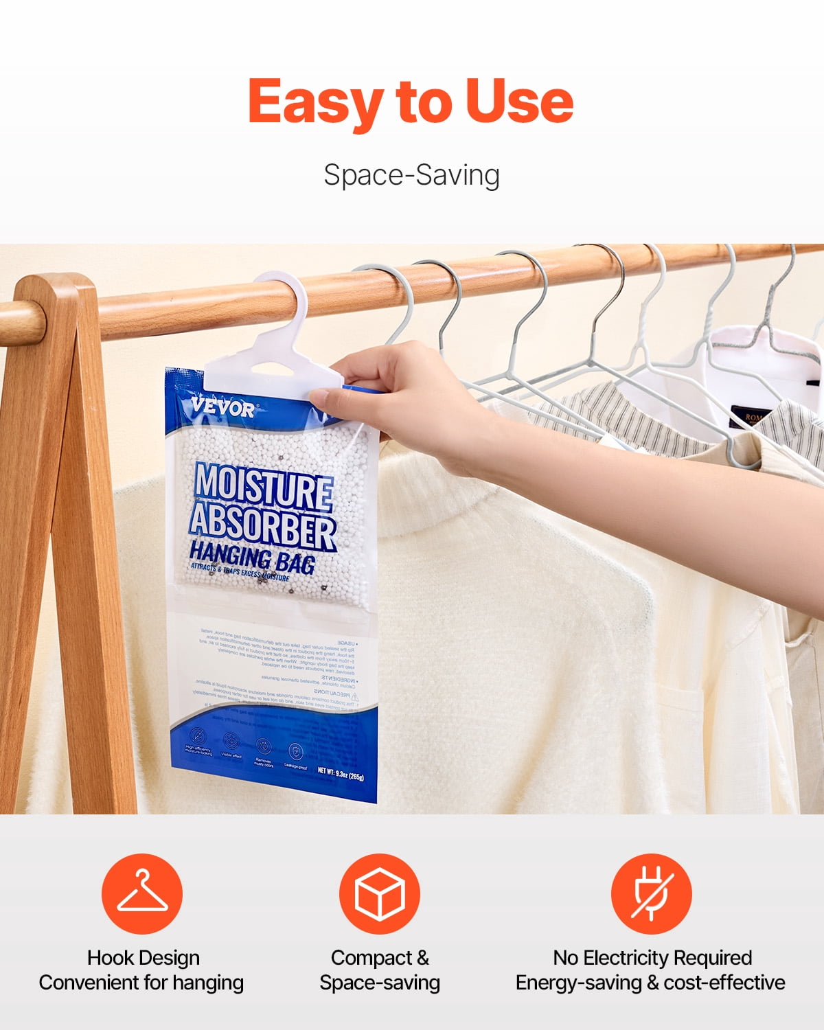 VEVOR Hanging Moisture Absorber Bags, Closet Dehumidifier for Damp Spaces (White, 9.3 oz, 10 Pack) odhkj