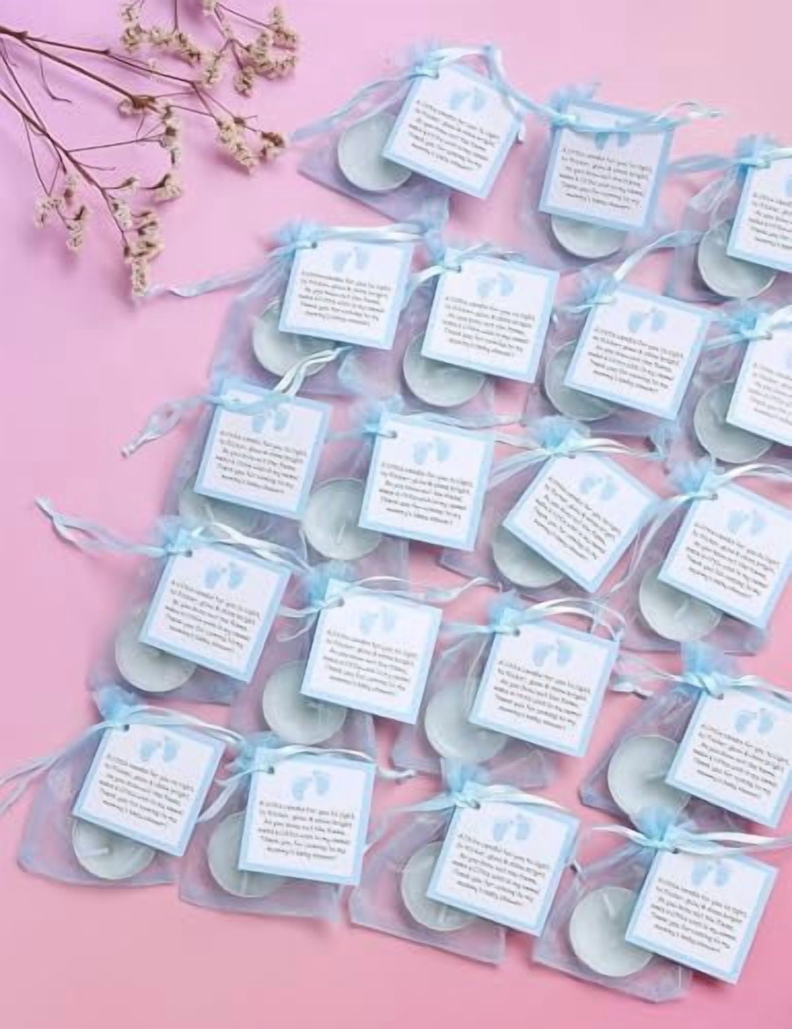 NIANAN Tea Light Candles Party Favor Set with Blessing Cards and Organza Bags (Blue, 50 Pack) vdun4