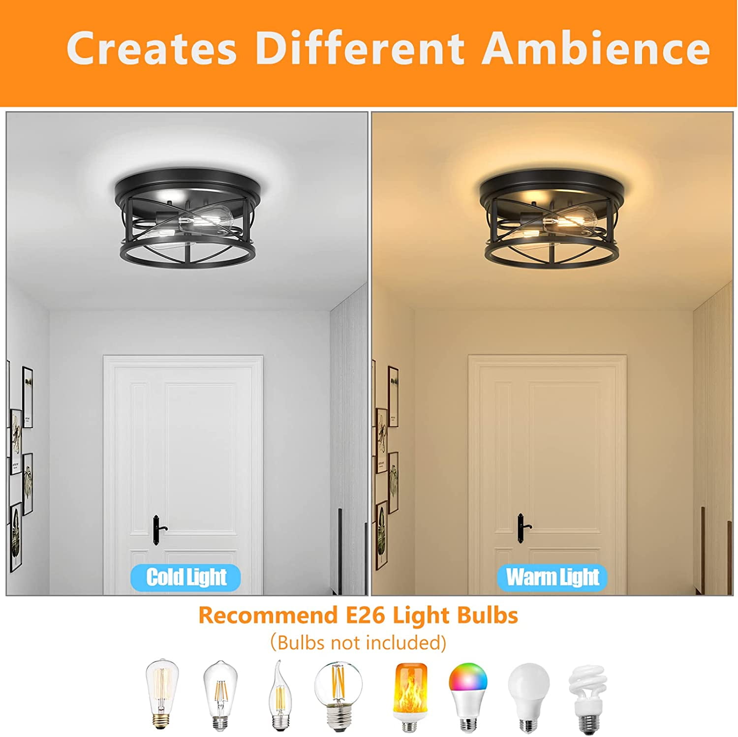 Pynsseu 2-Light Flush Mount Ceiling Light Fixture Industrial Farmhouse Metal Close to Ceiling Lighting (Black, 12 in) riz3l