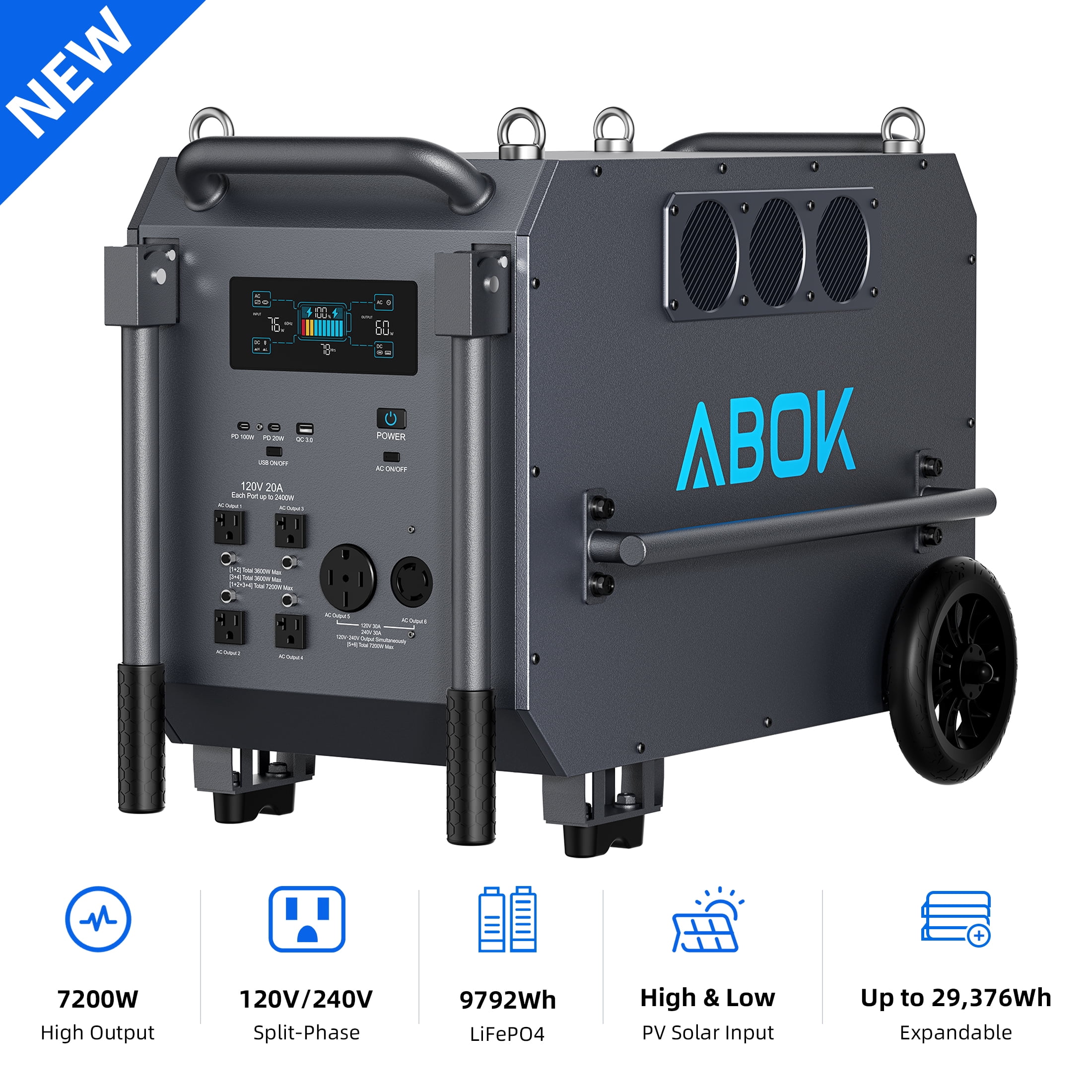 ABOK Ark7200 Portable Power Station, 7200W Solar Generator with 9792Wh LiFePO4 Battery, 120V/240V Split-Phase Backup for Home and RV (Black, 9792Wh) 13riy