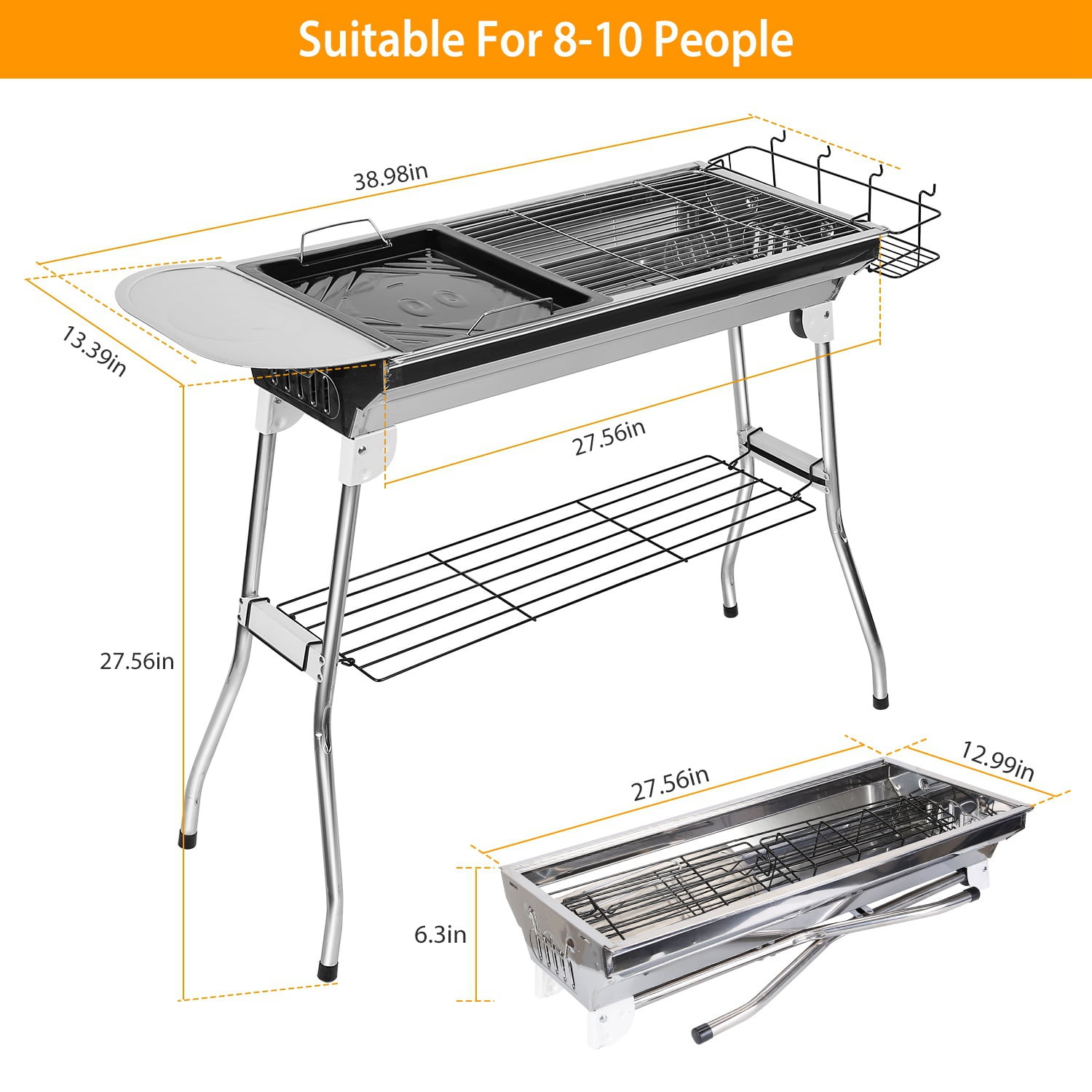 iMounTEK Portable Charcoal BBQ Grill, Stainless Steel Foldable Outdoor Cooking Set for Camping and Backyard (Silver, 38.98x13.39x27.56 in) 5c8wr