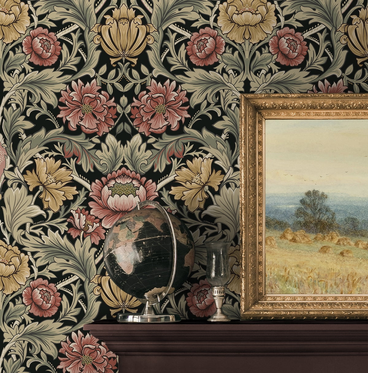 Harry & Grace Ebony Acanthus Floral Cameo Peel and Stick Wallpaper (Black, 20.5 in. x 18 ft.) 52f3c